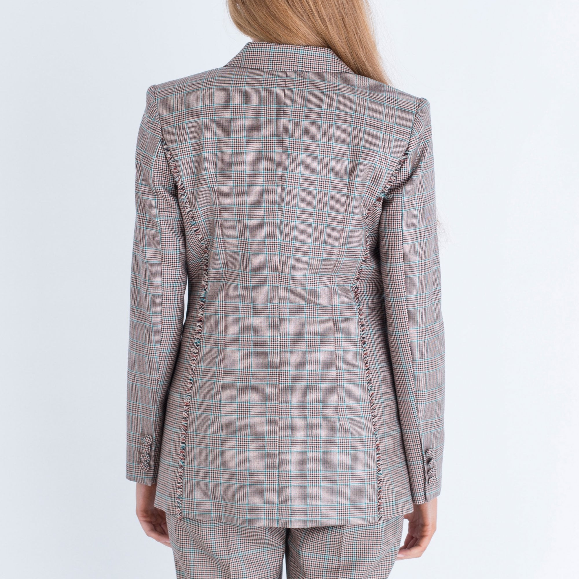 Marc Cain Check Double Breasted Fray Detail Jacket Beige