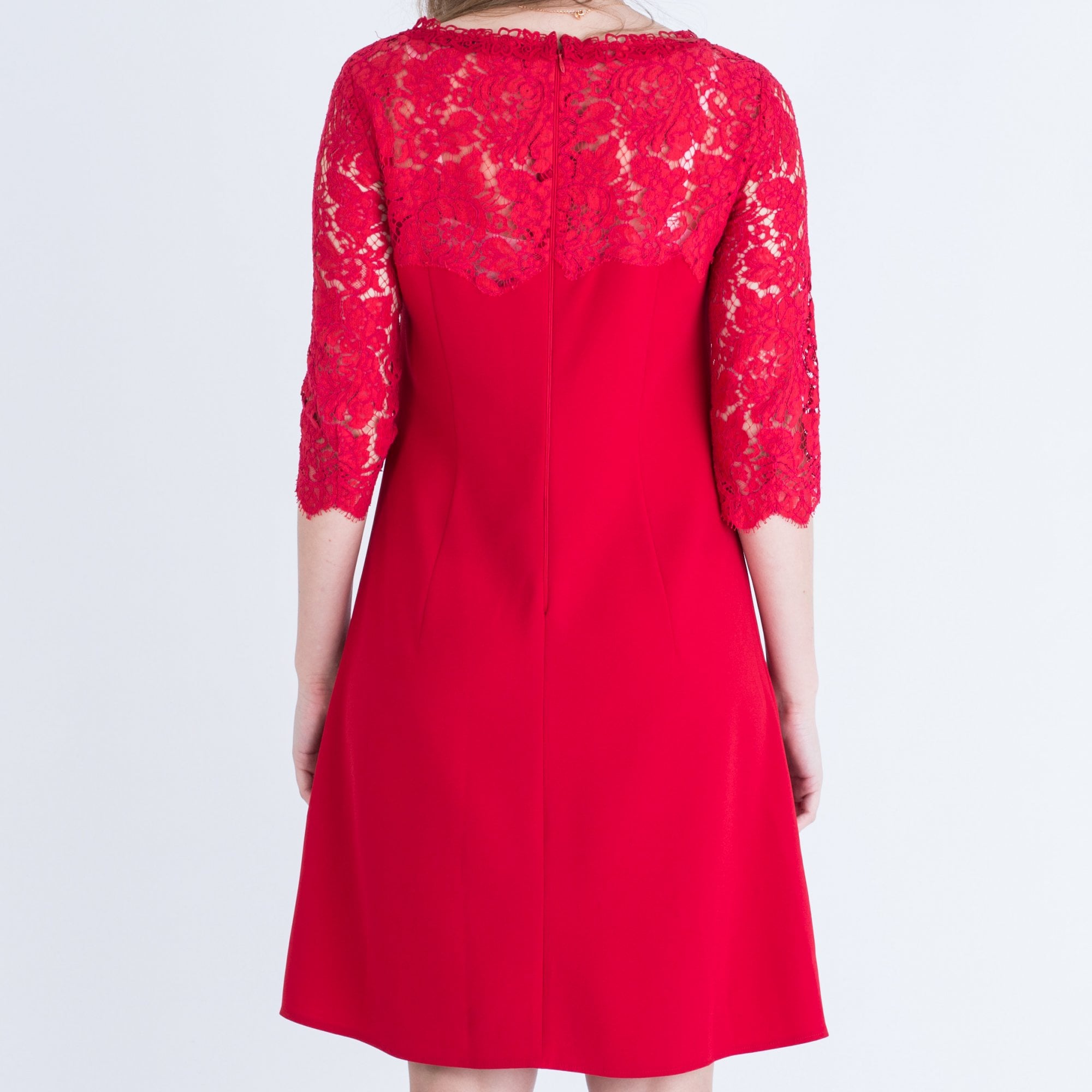 Marc Cain Round Neck Lace Overlay Dress Red