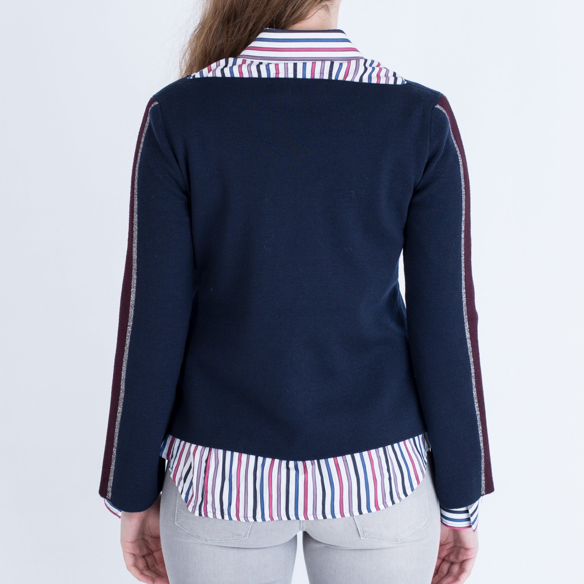 Dexterior Slight V Neck Stripe Arm 2 in 1 Top Navy/Burgundy