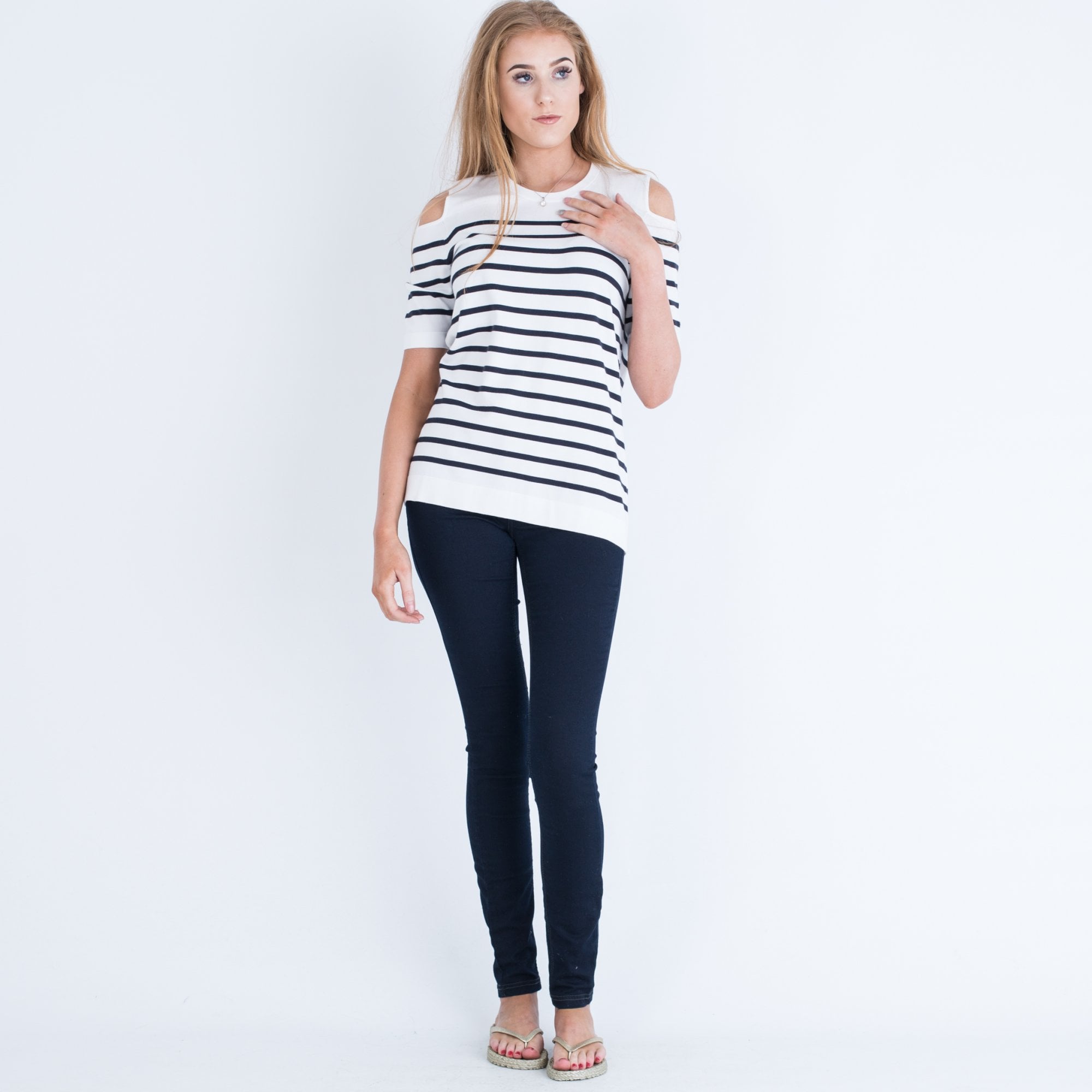 Luisa Cerano Cold Shoulder Stripe Knitted Top Black/White