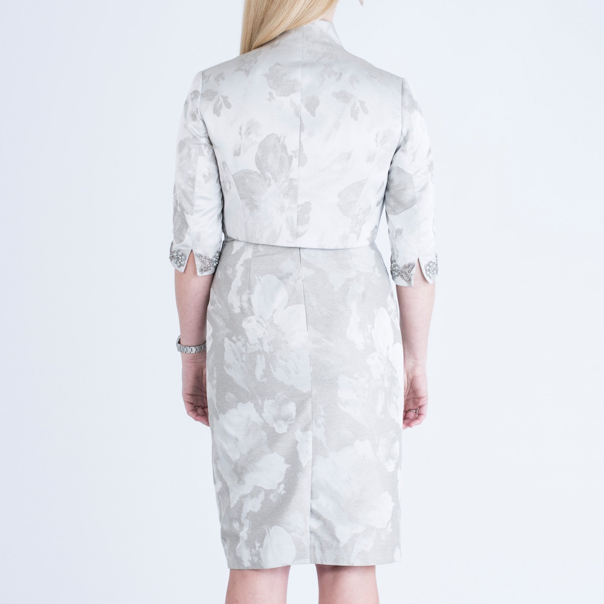 John Charles Pearl Flower Detail Dress & Jacket Silver Grey