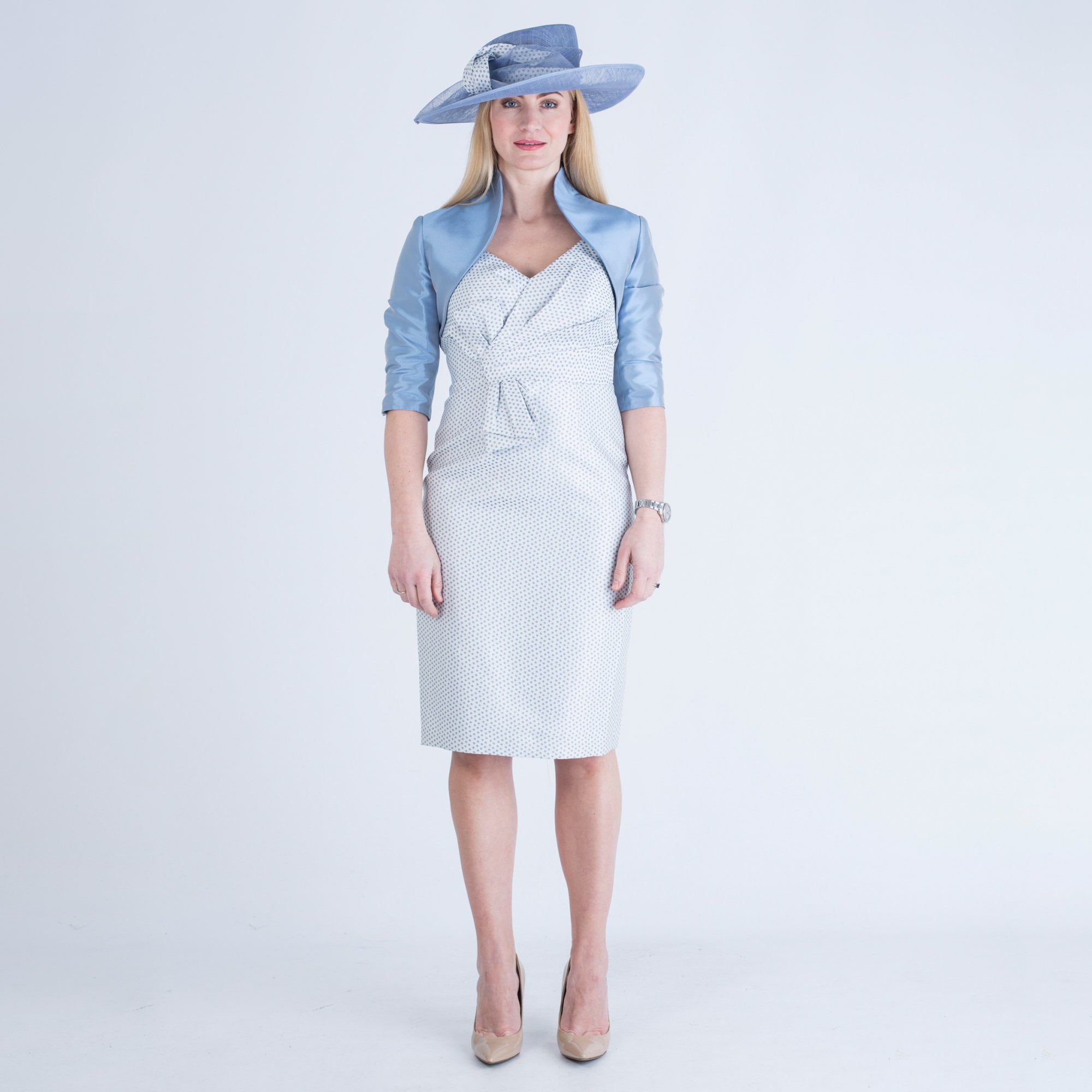 John Charles Polka Dot Bow Front Dress And Jacket Blue