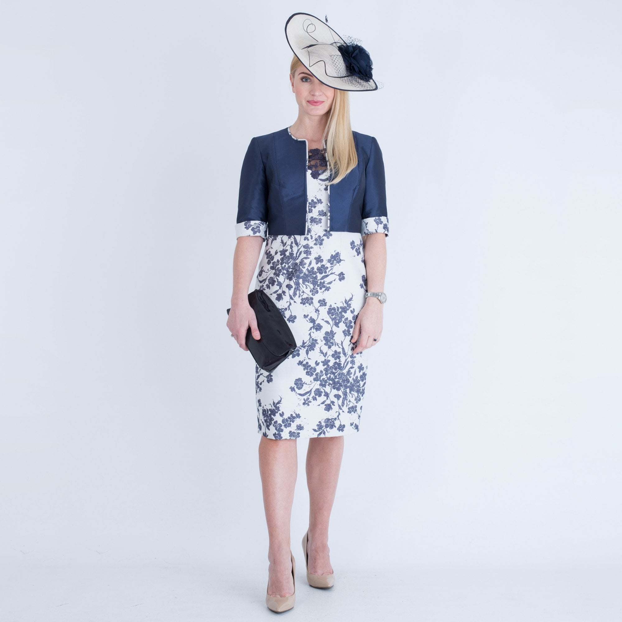 John Charles Floral Dress With Lace Mesh Detailed Top Navy/Cream