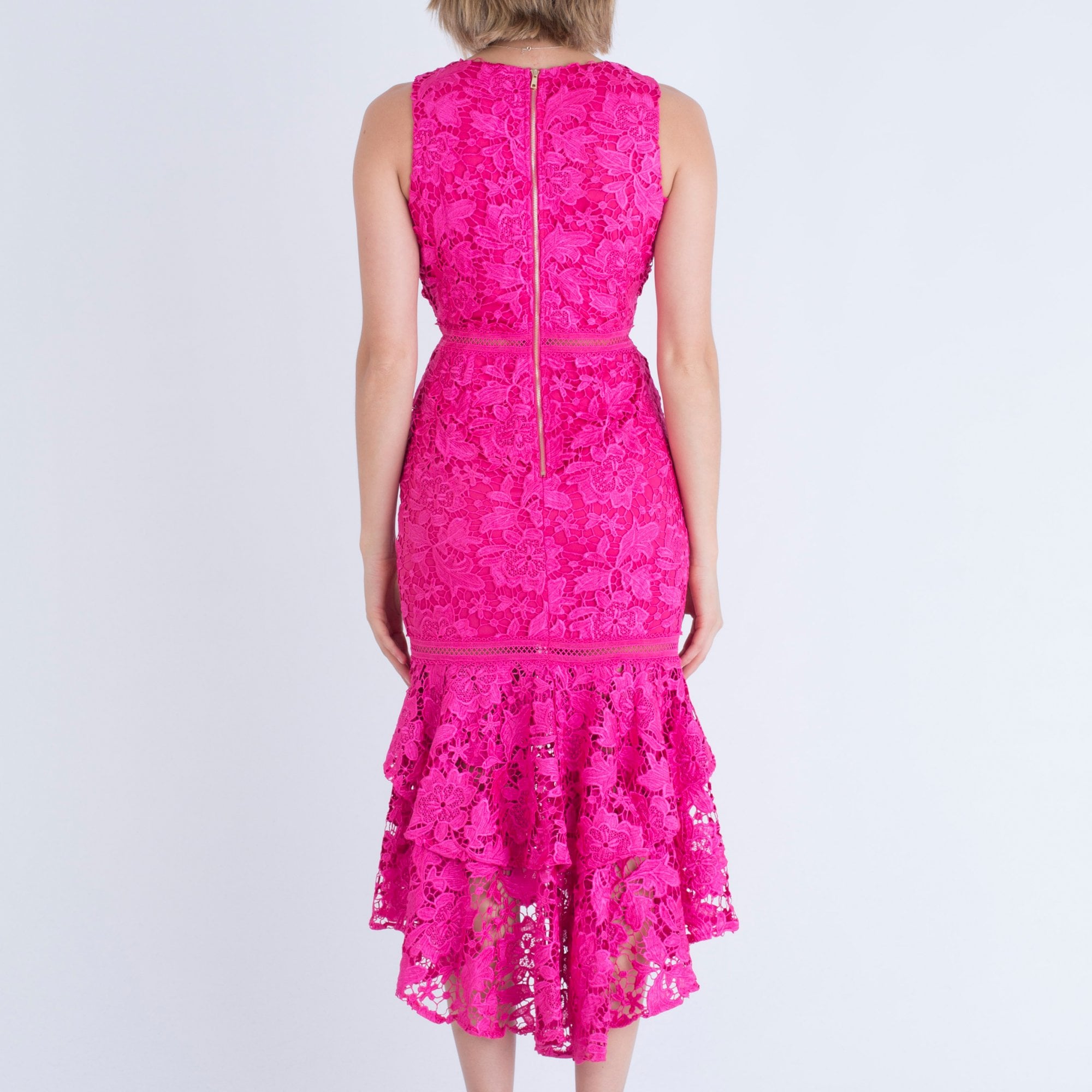 Forever Unique Floral Lace Embroidered Midi Dress With Ruffle Drop Hem Pink