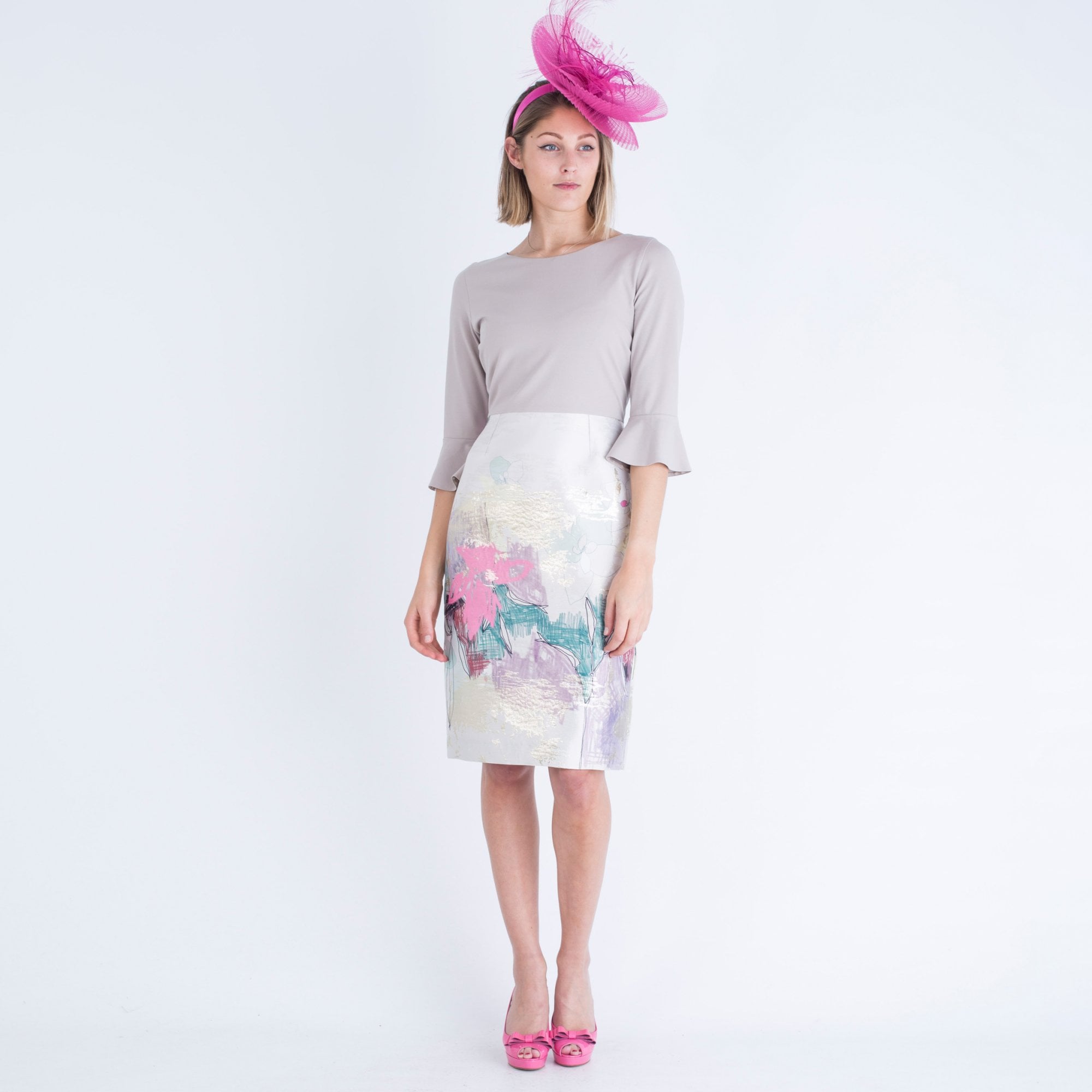 Fee G Scribble Print Jersey Top Dress Beige