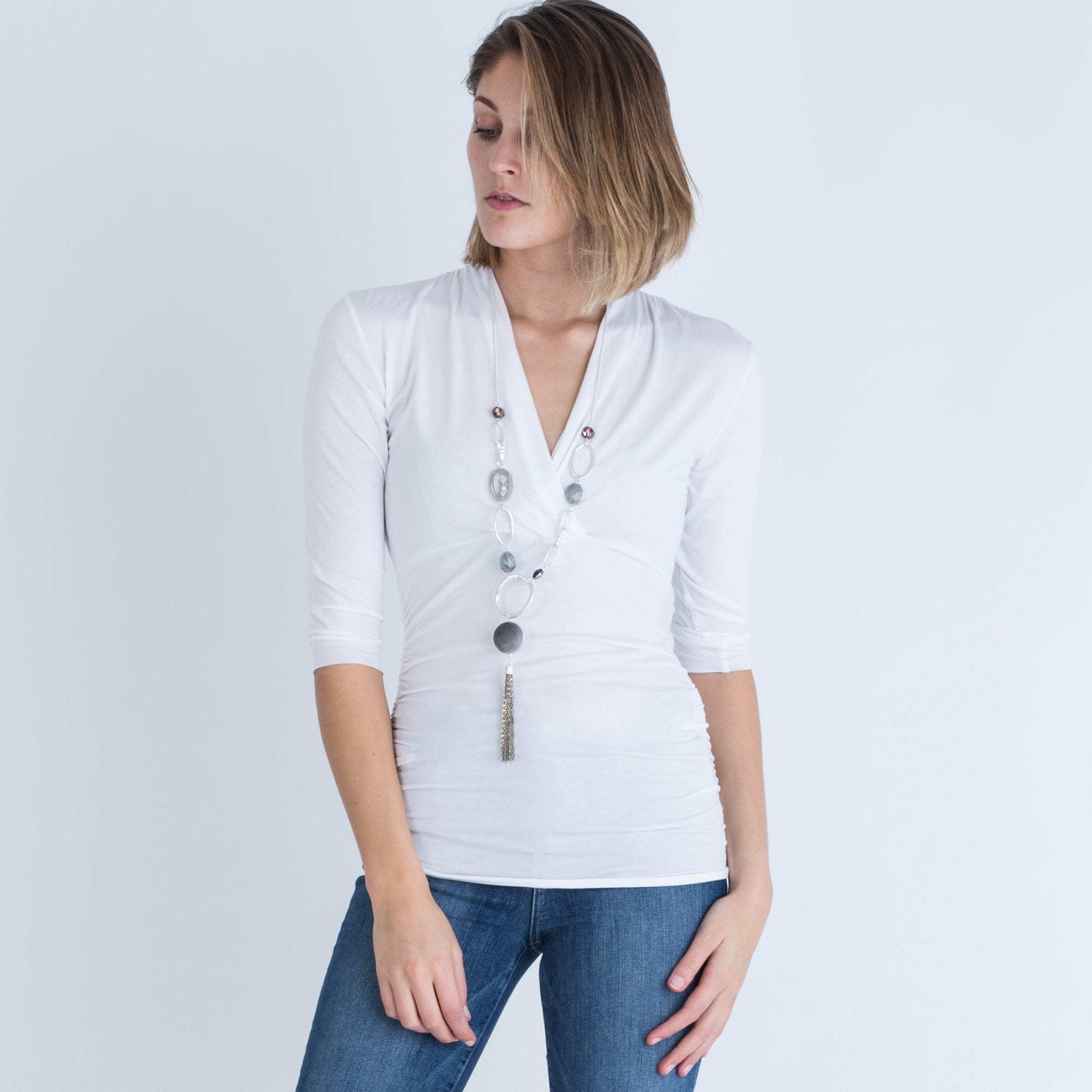 Marc Cain Cross Front Side Rouched Fine Jersey Top White