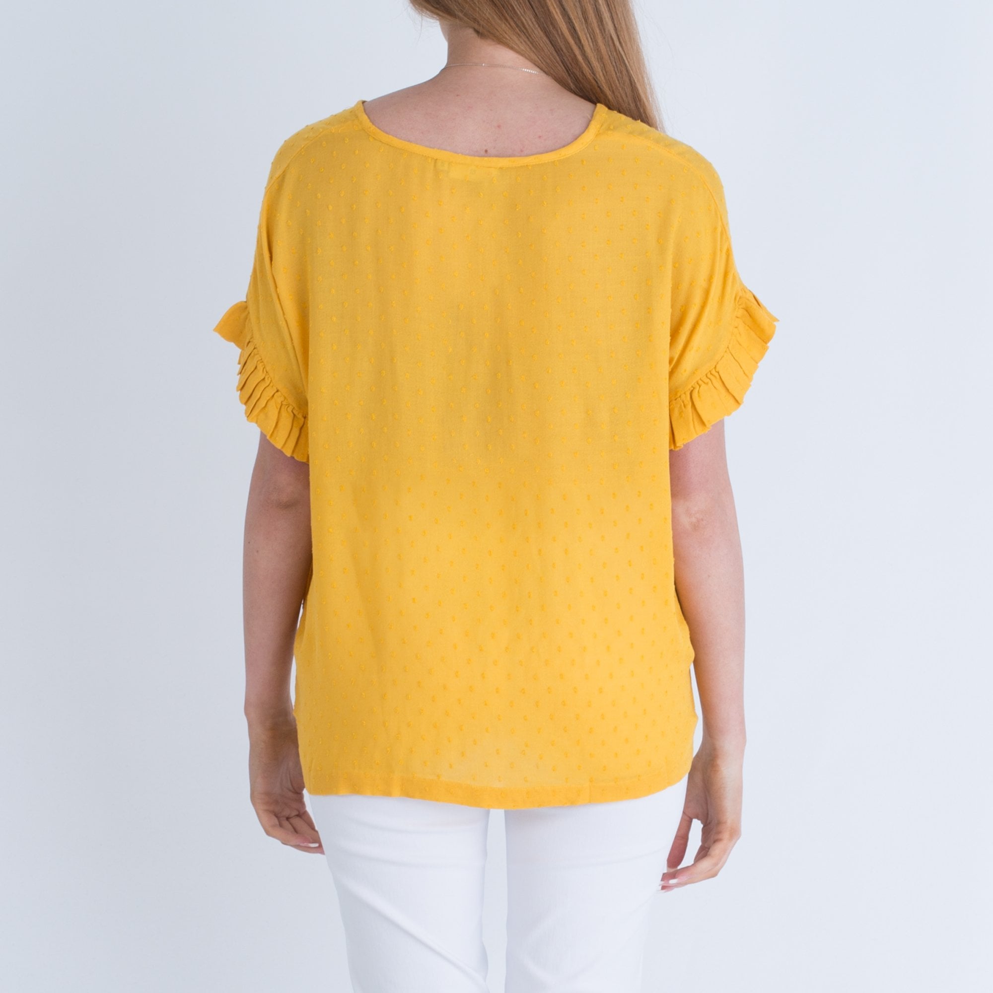 Masai Earleen Round Neck Spot Frill Sleeve Top Mustard