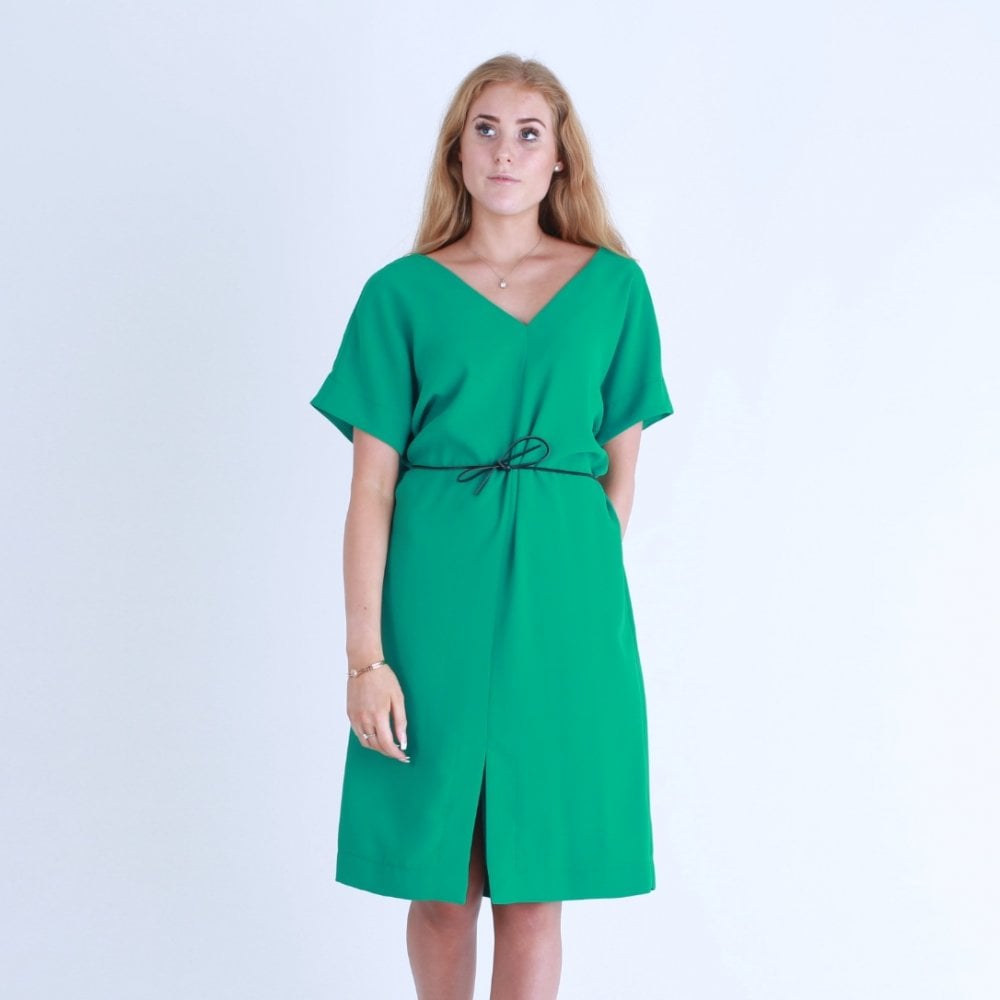 Toupy V Neck Loose Bodied Dress With Belt Green