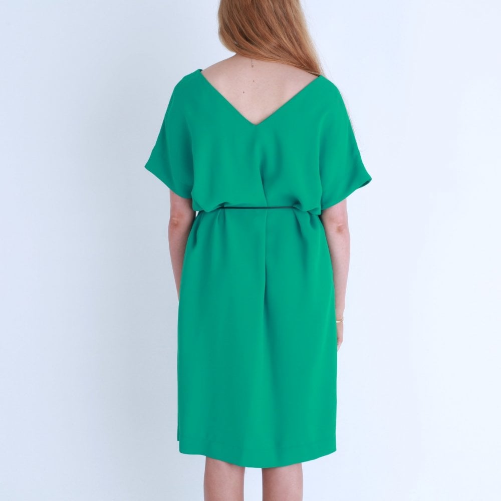 Toupy V Neck Loose Bodied Dress With Belt Green