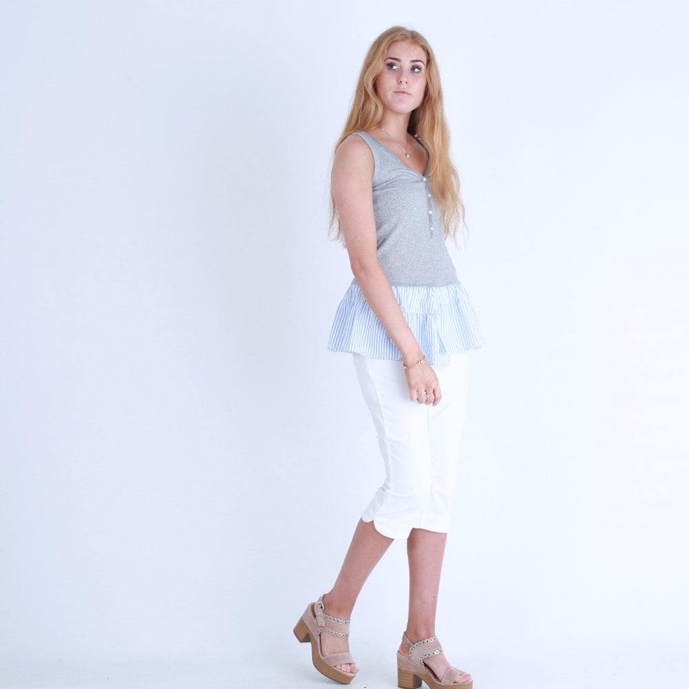 Marc Cain Sleeveless Cotton Rib Top With Stripe Hem Grey/Blue