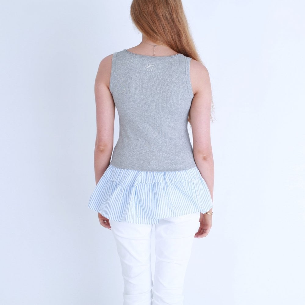 Marc Cain Sleeveless Cotton Rib Top With Stripe Hem Grey/Blue
