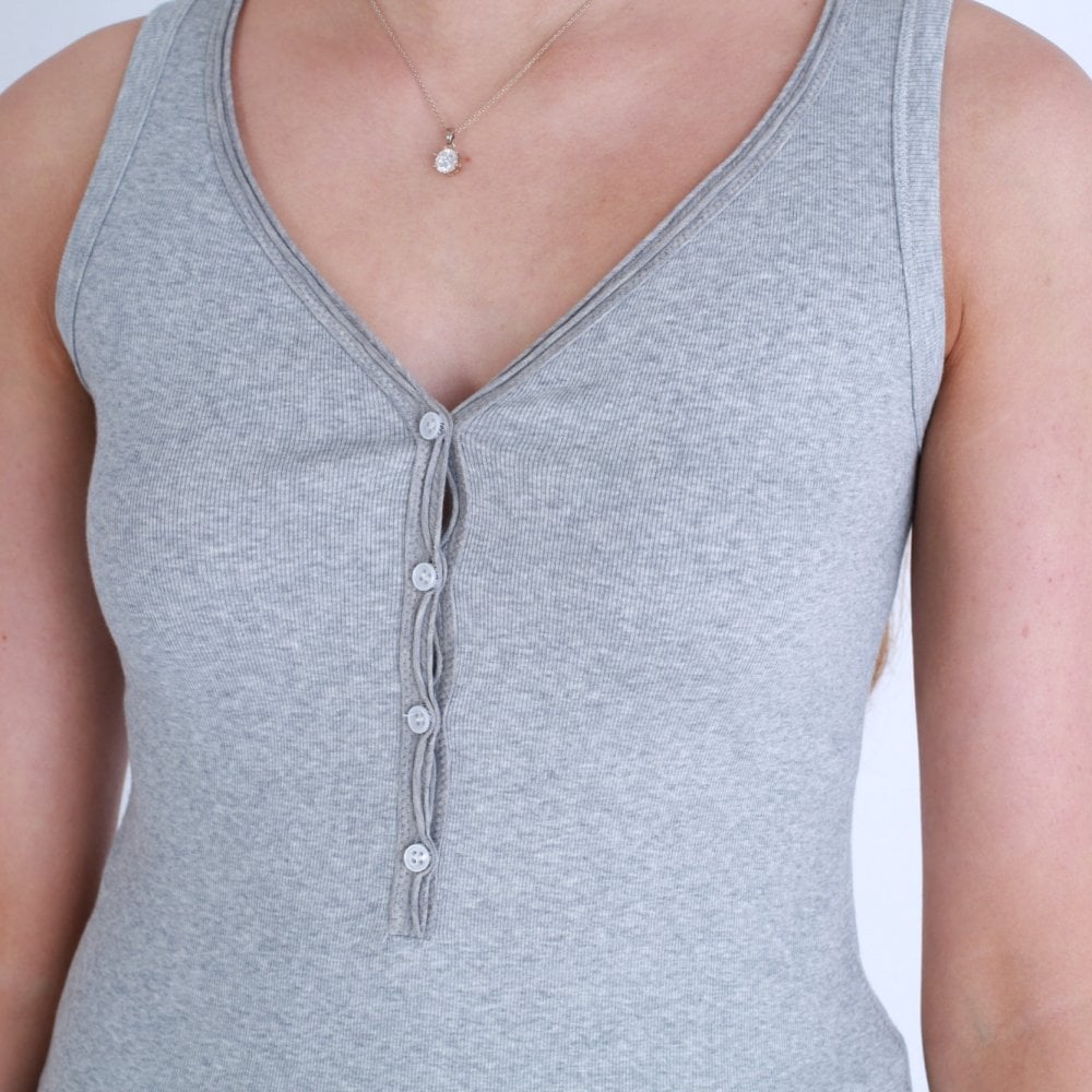 Marc Cain Sleeveless Cotton Rib Top With Stripe Hem Grey/Blue