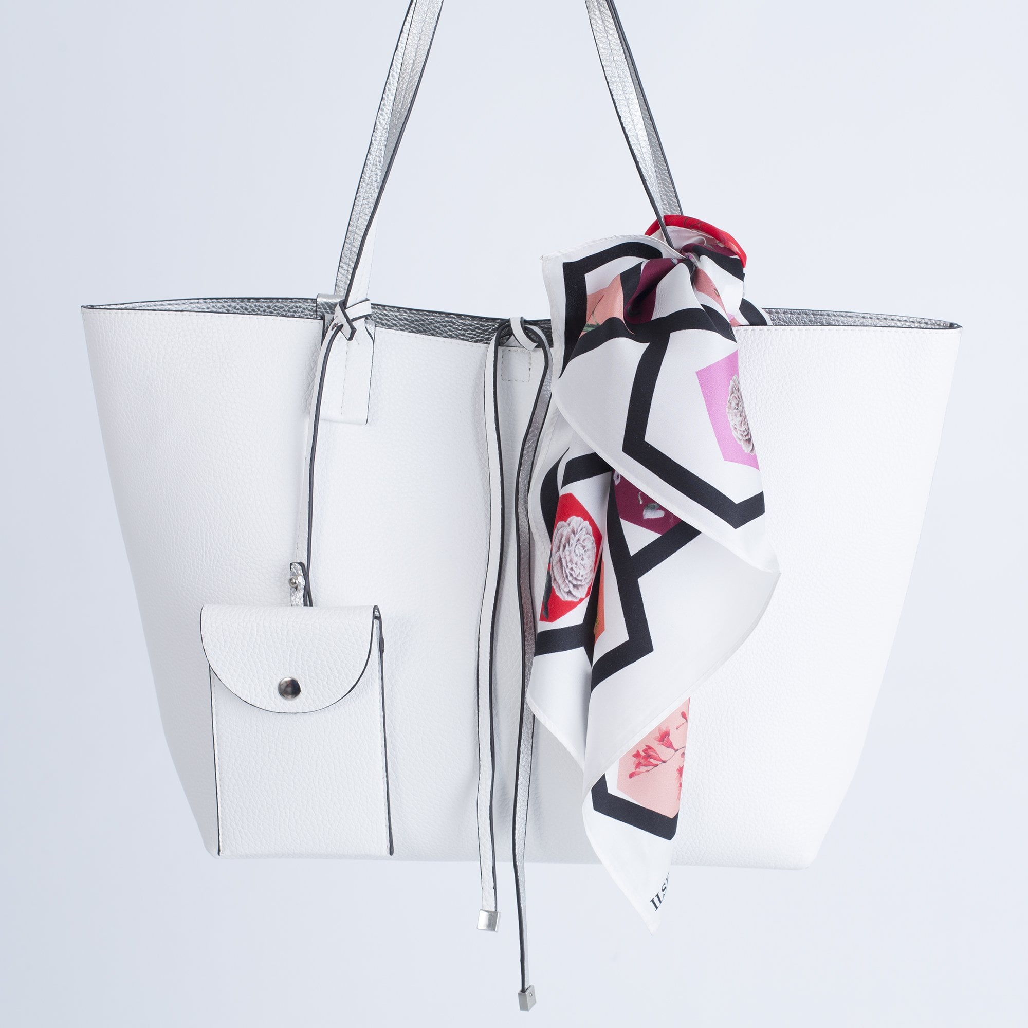 Ilse Jacobsen Geometric Floral Silk Scarf White/Red/Multi