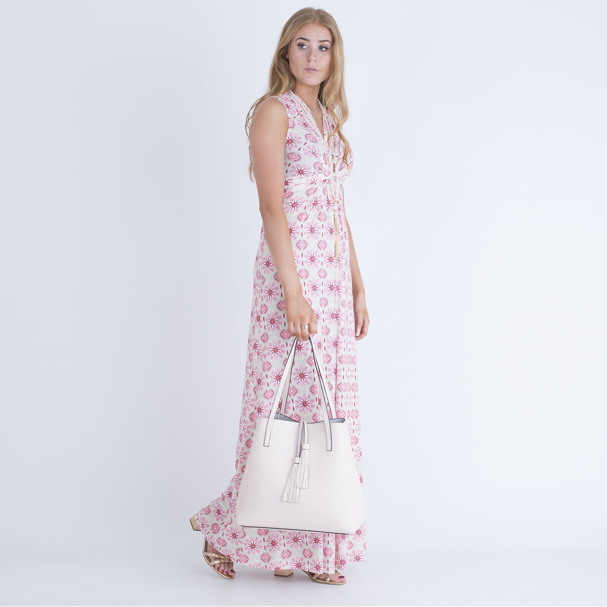 Ilse Jacobsen Long Sleeveless Tie Back Maxi Dress Pink/Beige