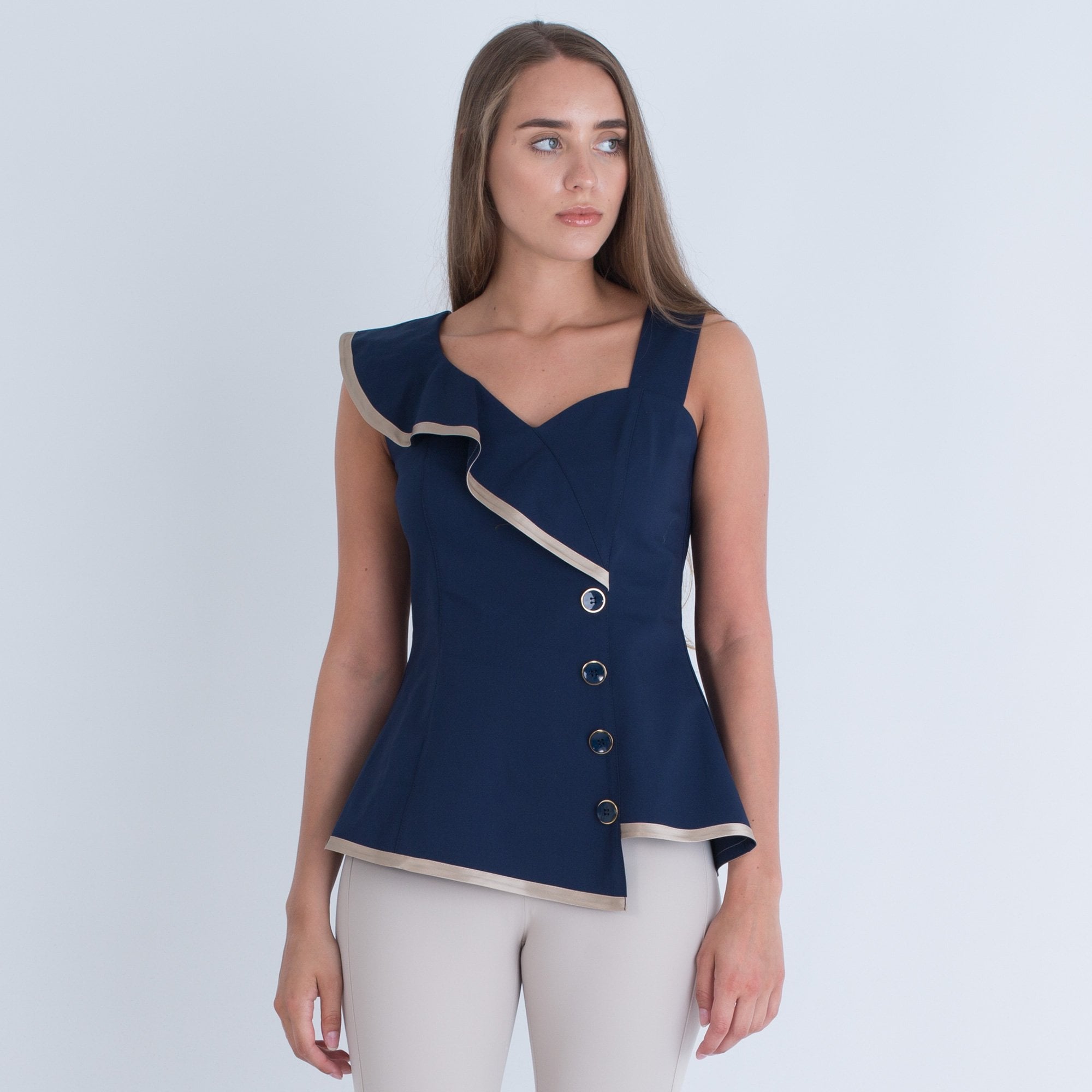 Camelot Asymmetric Frill Fitted Top Navy