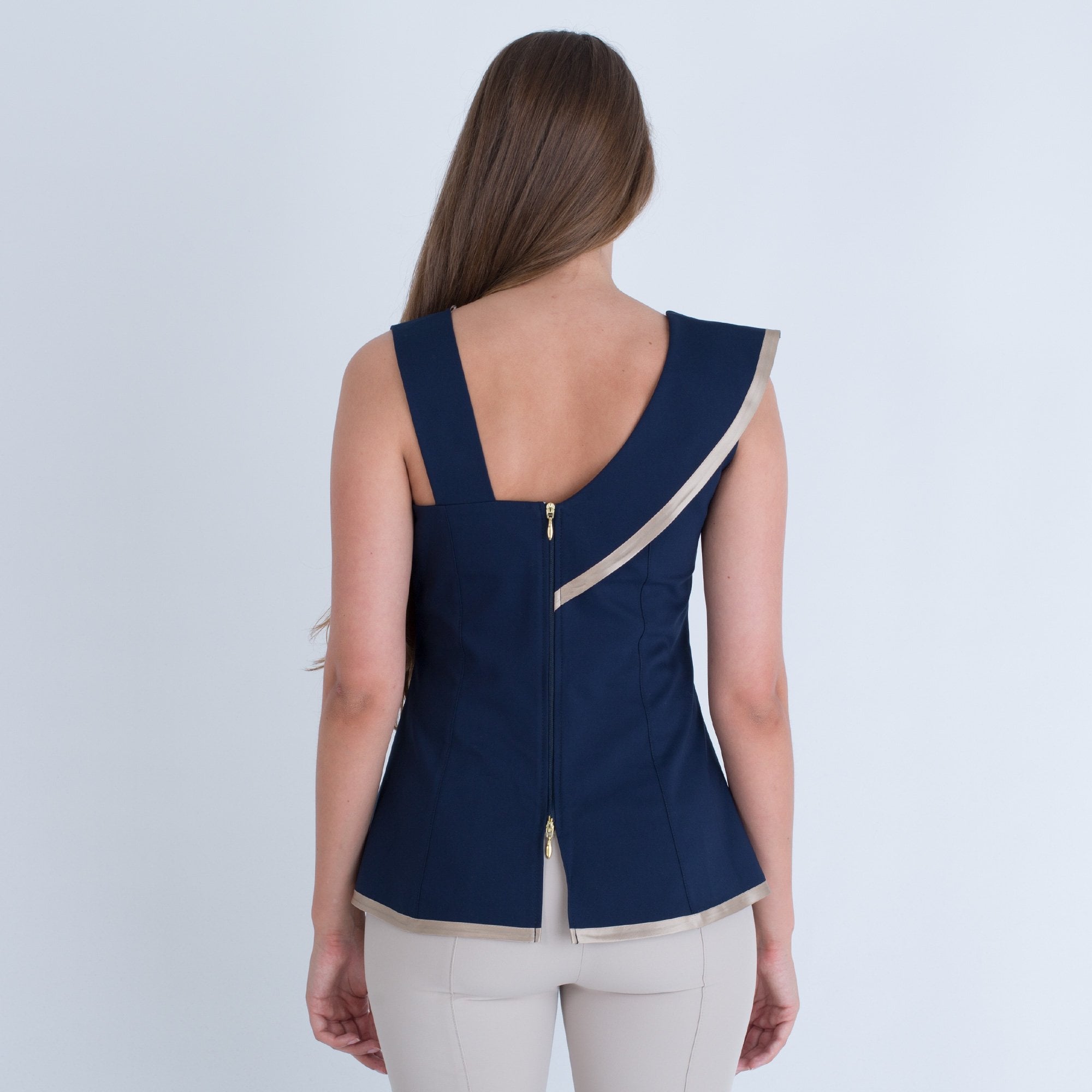 Camelot Asymmetric Frill Fitted Top Navy