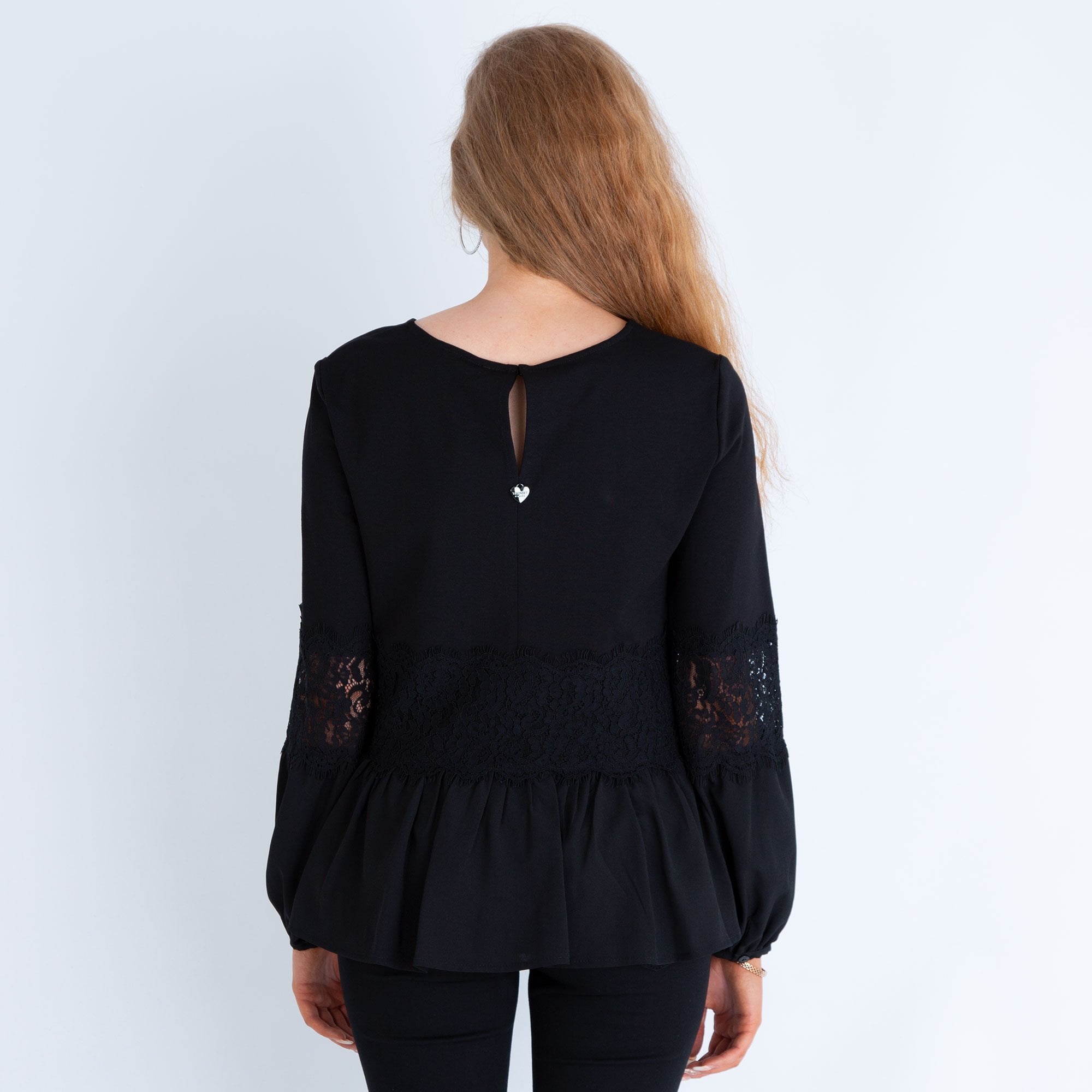 Twinset Black Long Sleeve Top With Gathered Peplum And Lace