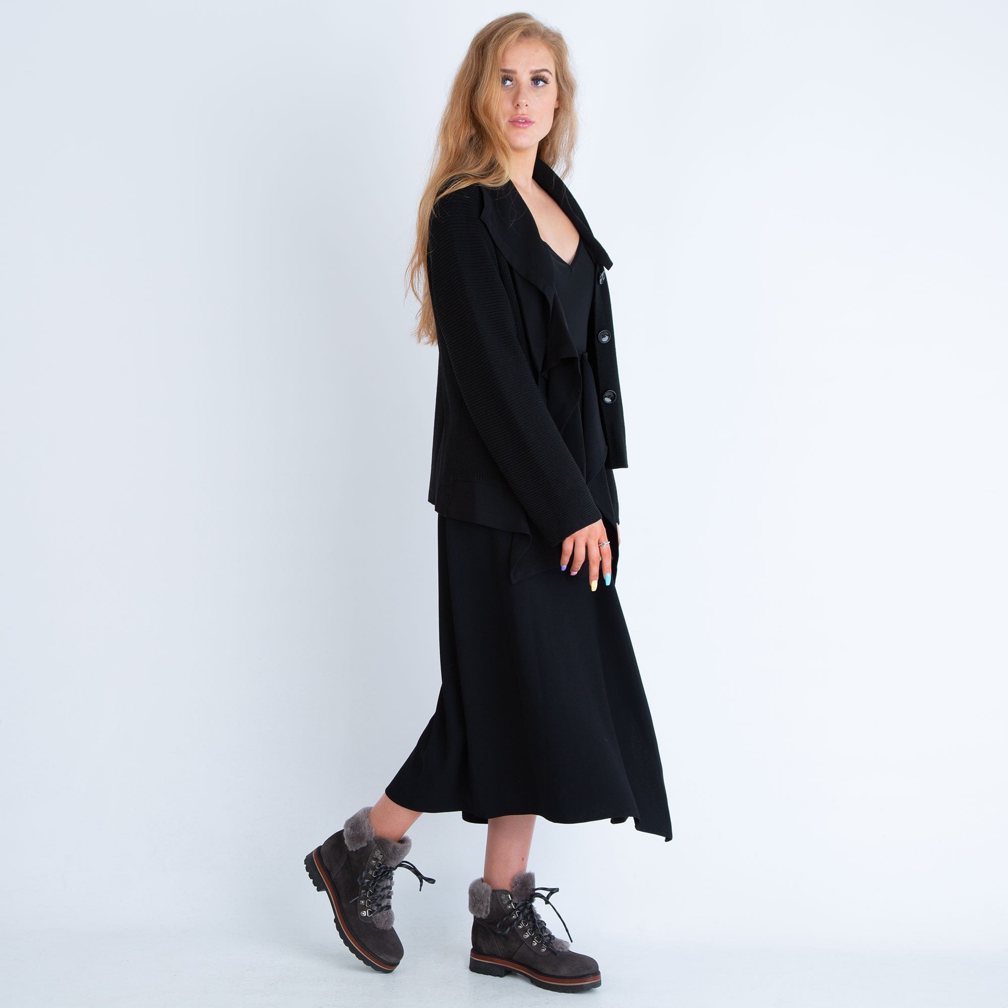 Crea Concept Black Waterfall Front Knitted Cardigan