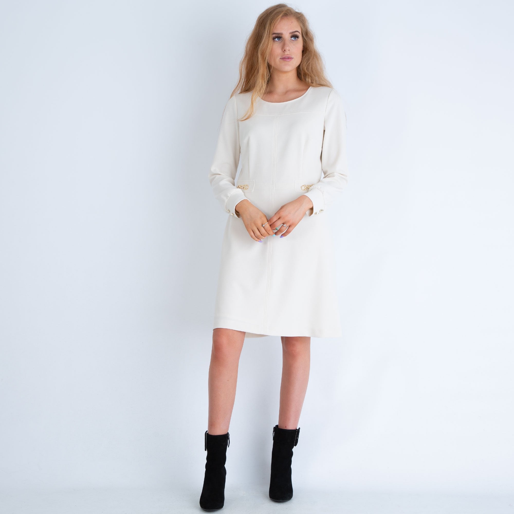 Marie Mero Long Sleeve Dress With Bit Pocket Detail Cream