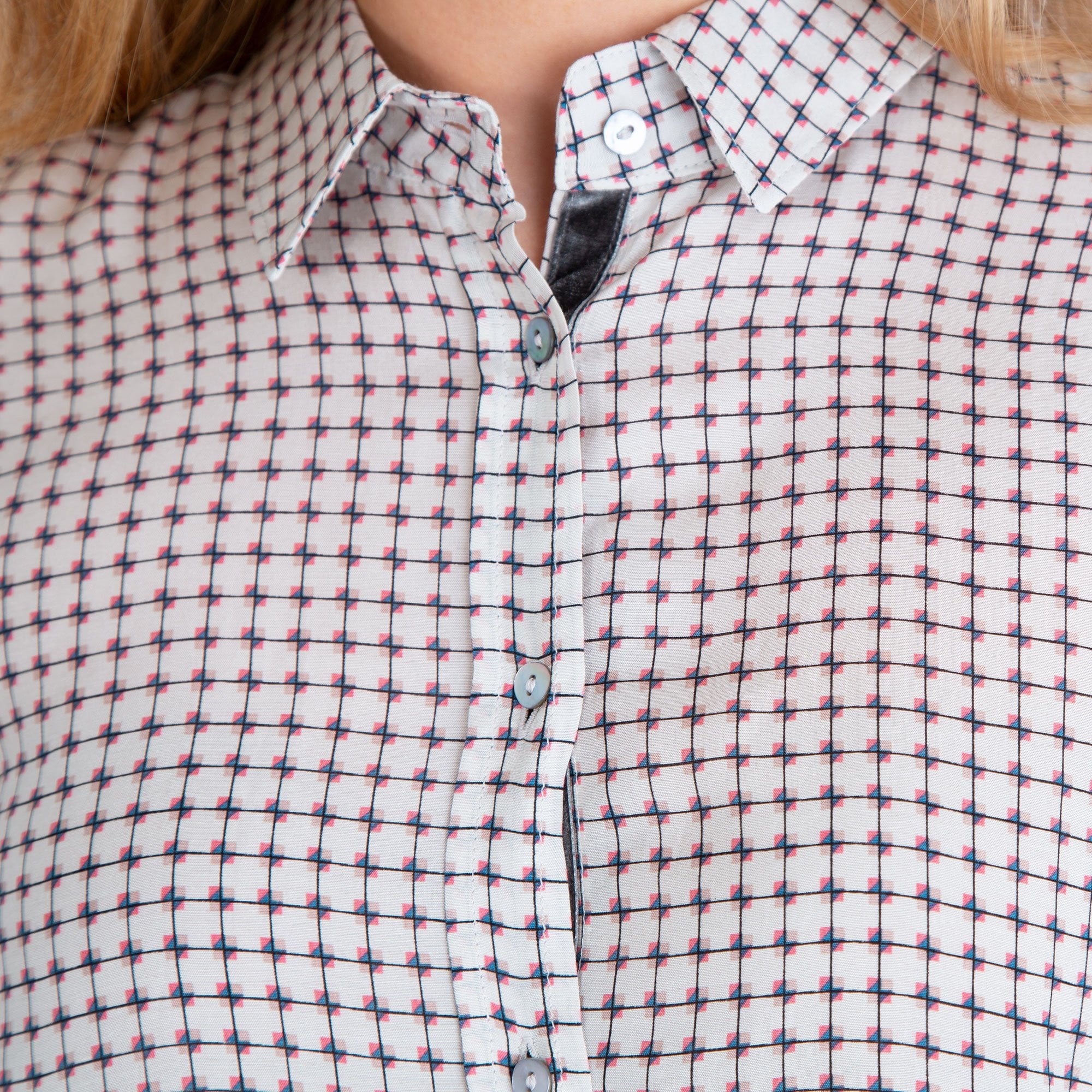 Milano Italy Square Print Shirt With Velvet Placket Natural