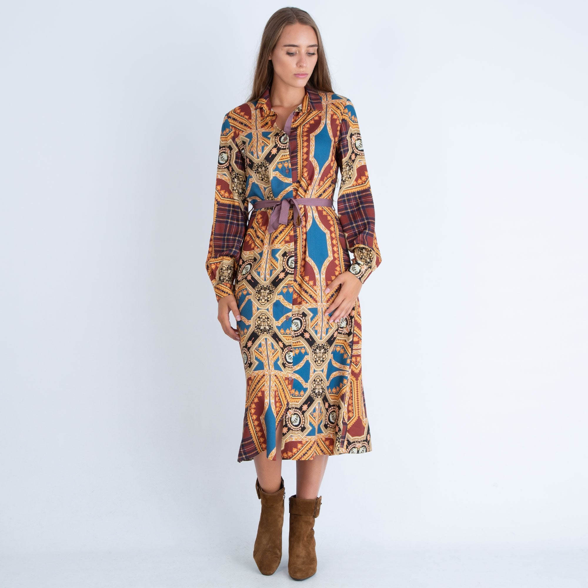 Tinta Style Harper Long Check Print Shirt Dress Brown Multi