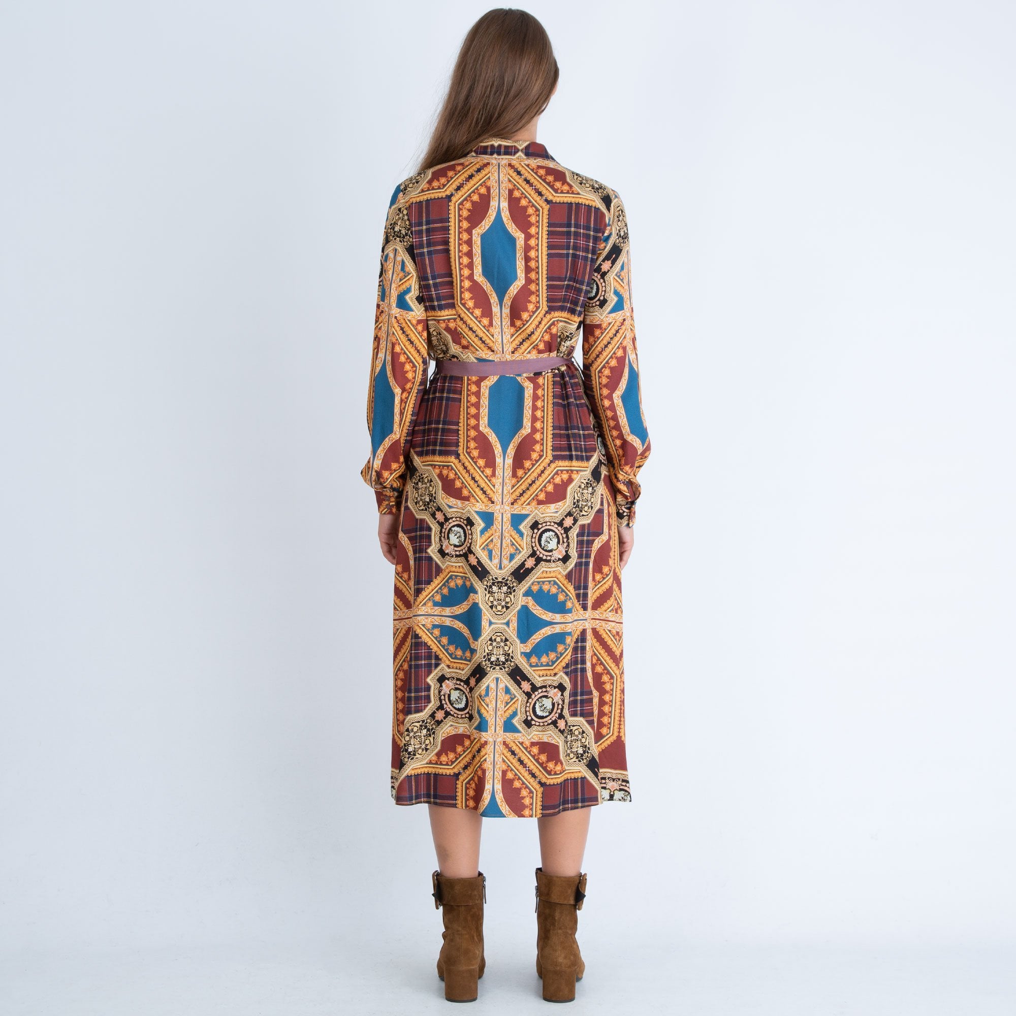 Tinta Style Harper Long Check Print Shirt Dress Brown Multi