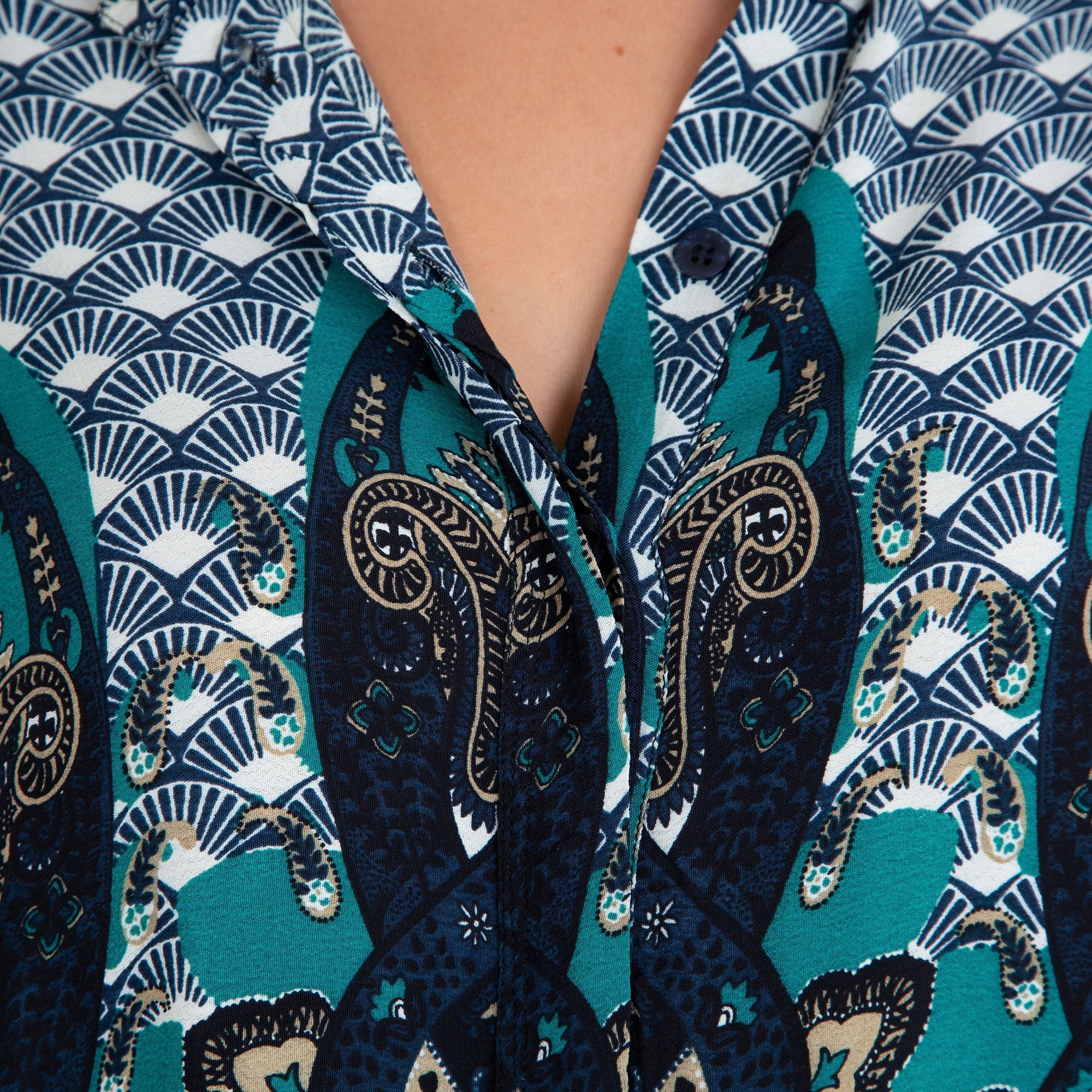 Masai Inessa Shirt Collar Multi Fan Print Blouse Blue Multi