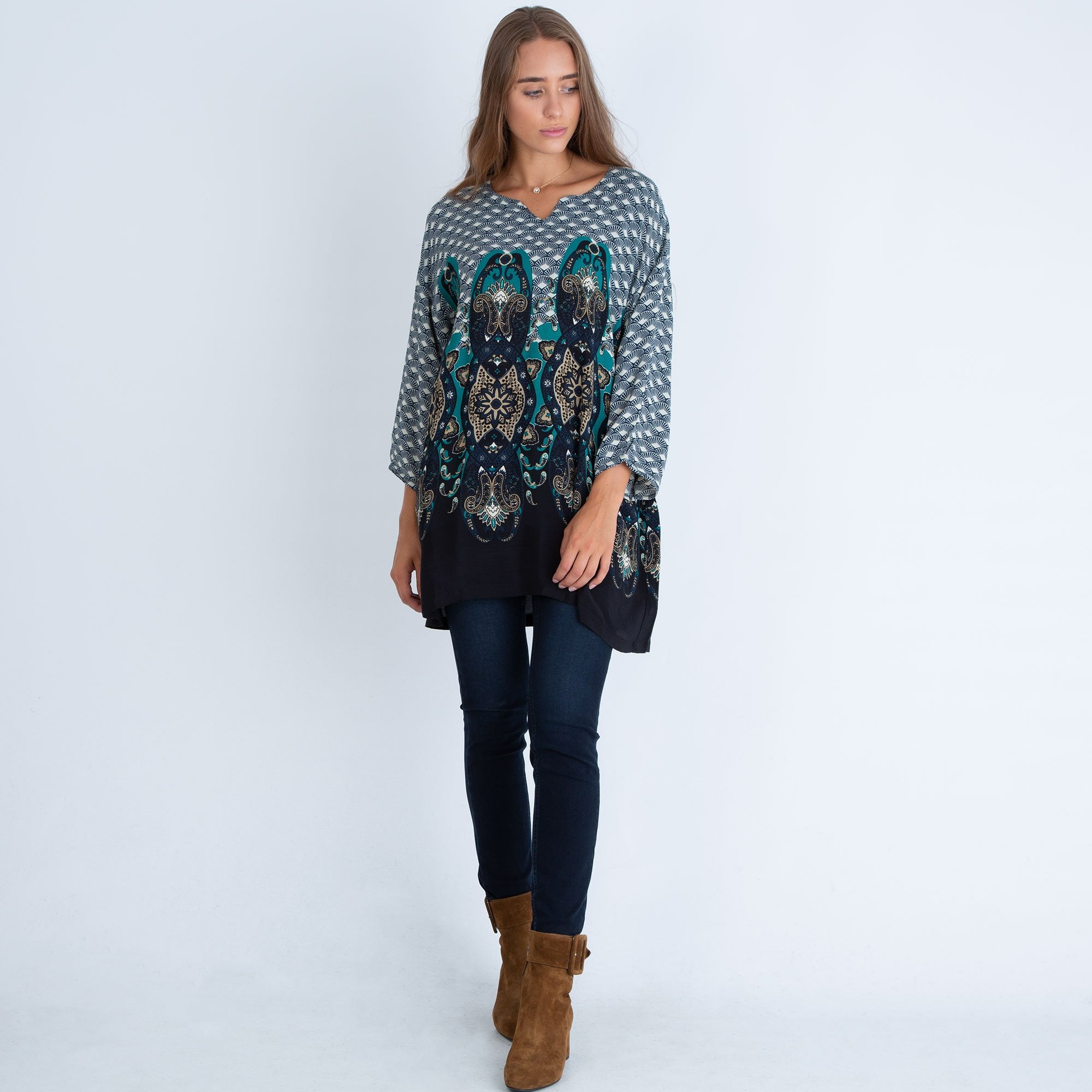 Masai Grethe Multi Fan Print Tunic With Cutout Neck Blue Multi