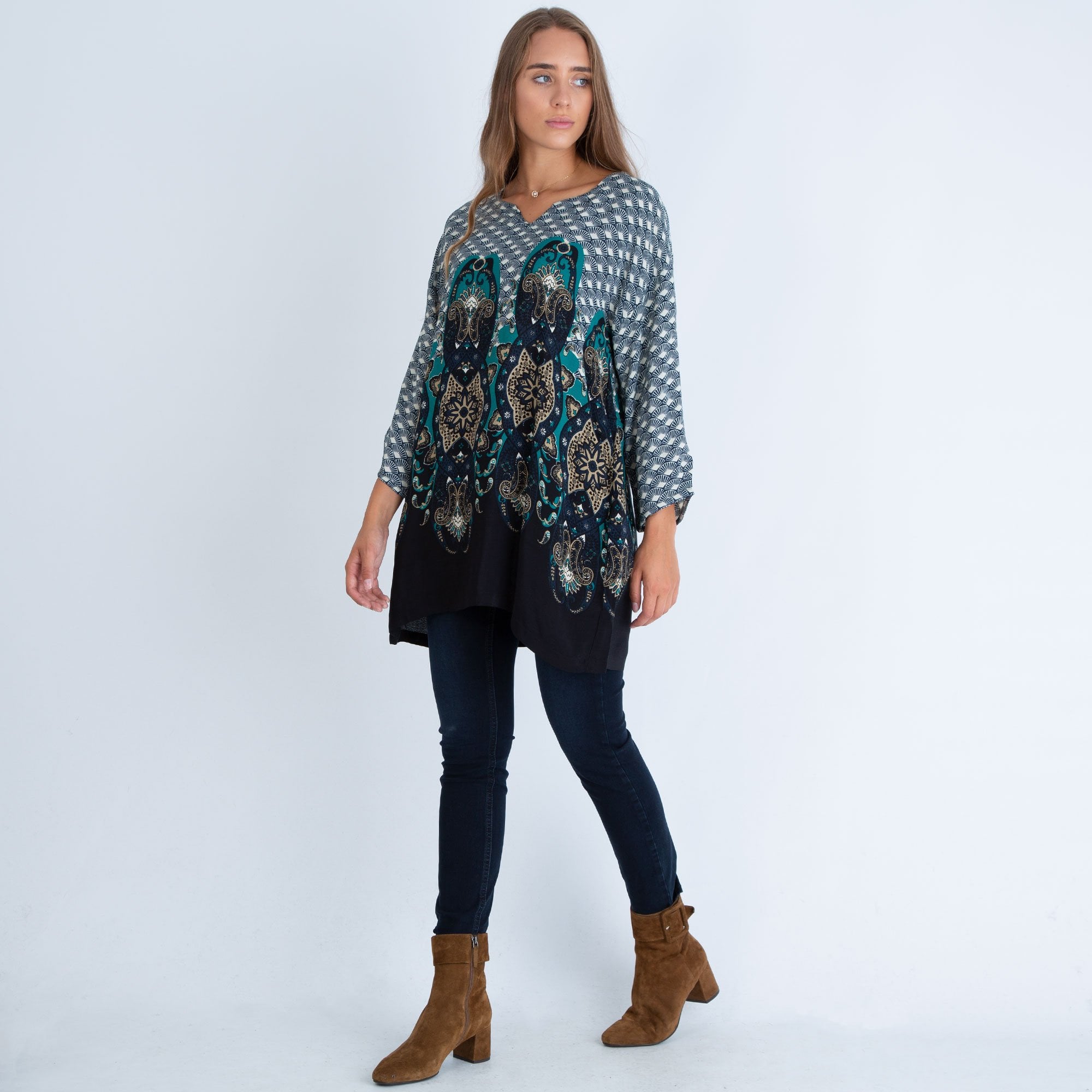 Masai Grethe Multi Fan Print Tunic With Cutout Neck Blue Multi
