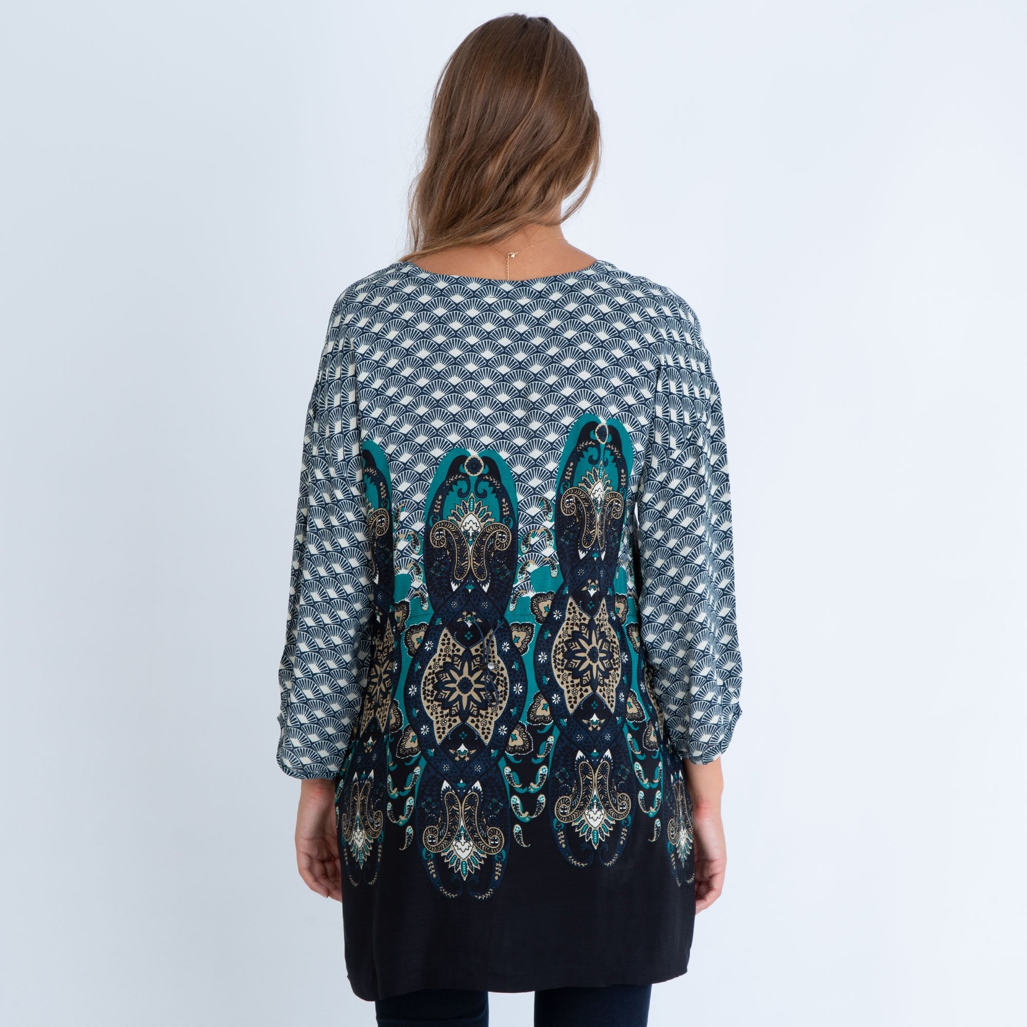 Masai Grethe Multi Fan Print Tunic With Cutout Neck Blue Multi