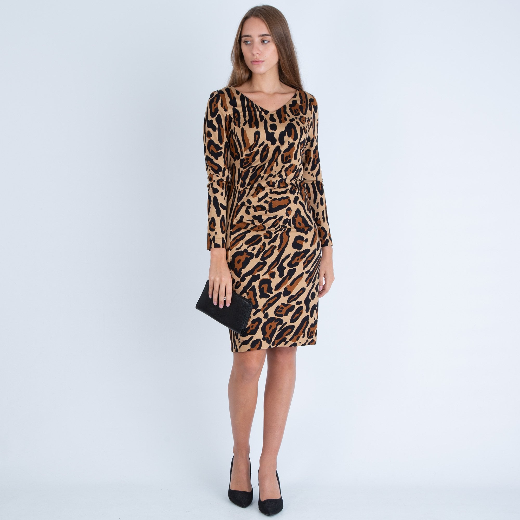 Riani V Neck Leopard Print Side Ruched Dress Tan