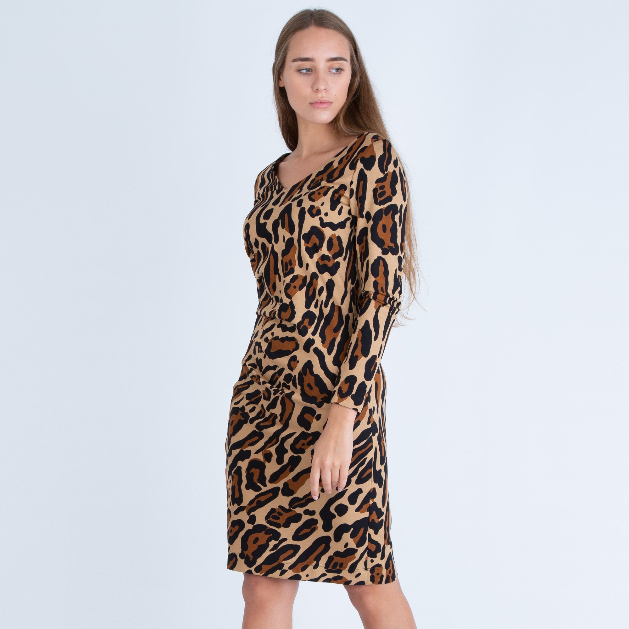 Riani V Neck Leopard Print Side Ruched Dress Tan