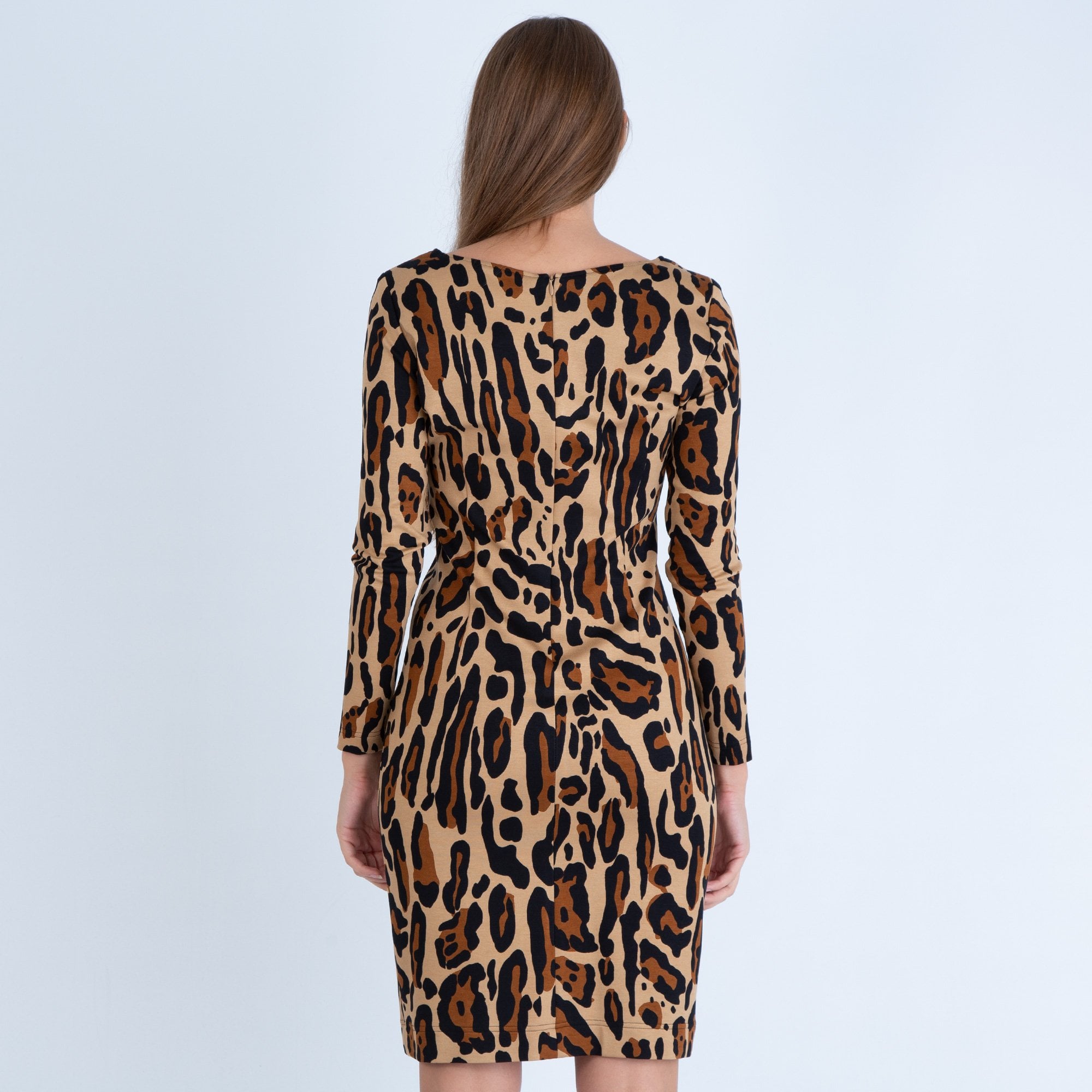 Riani V Neck Leopard Print Side Ruched Dress Tan