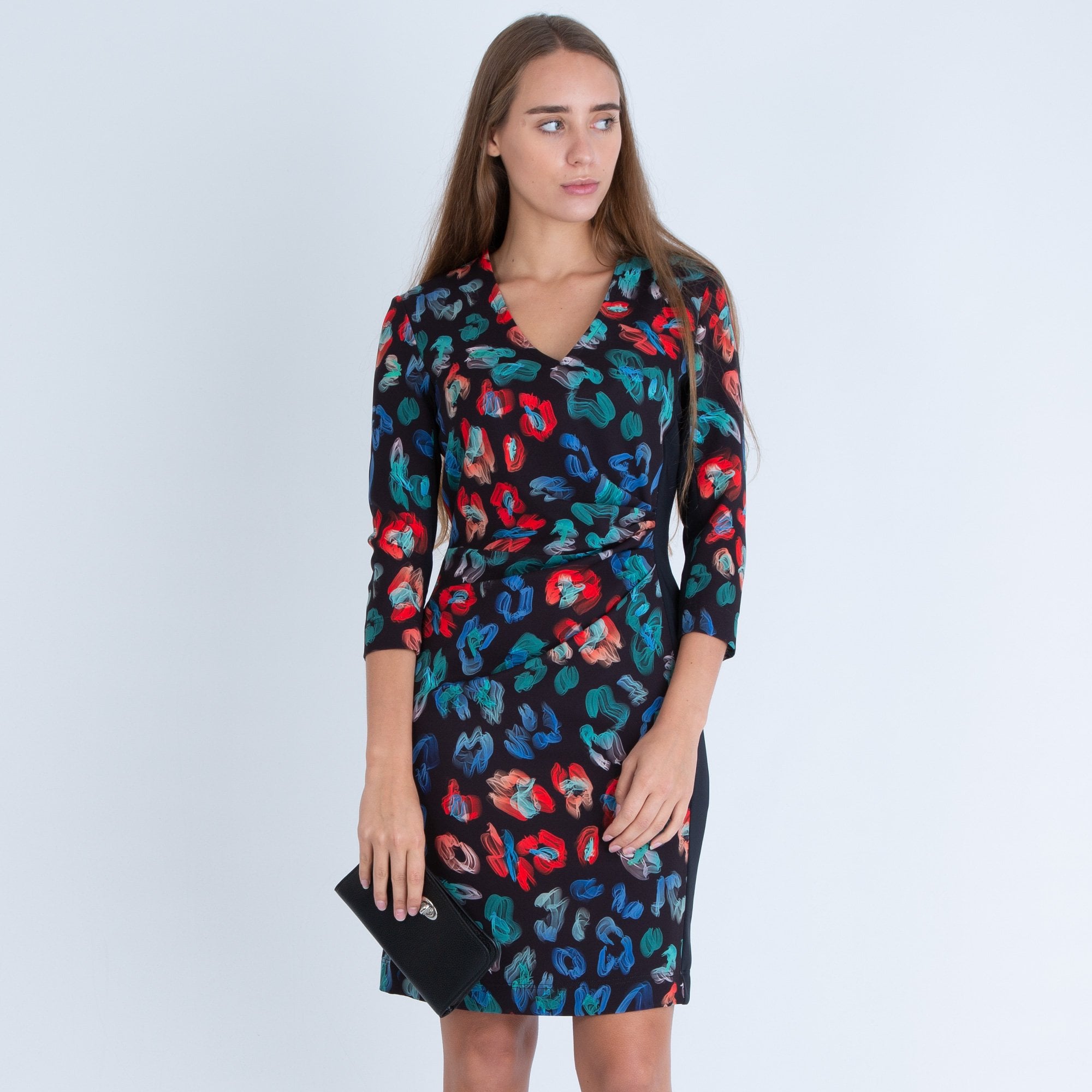 Riani Abstract Flower Print Side Ruched Dress Black Multi