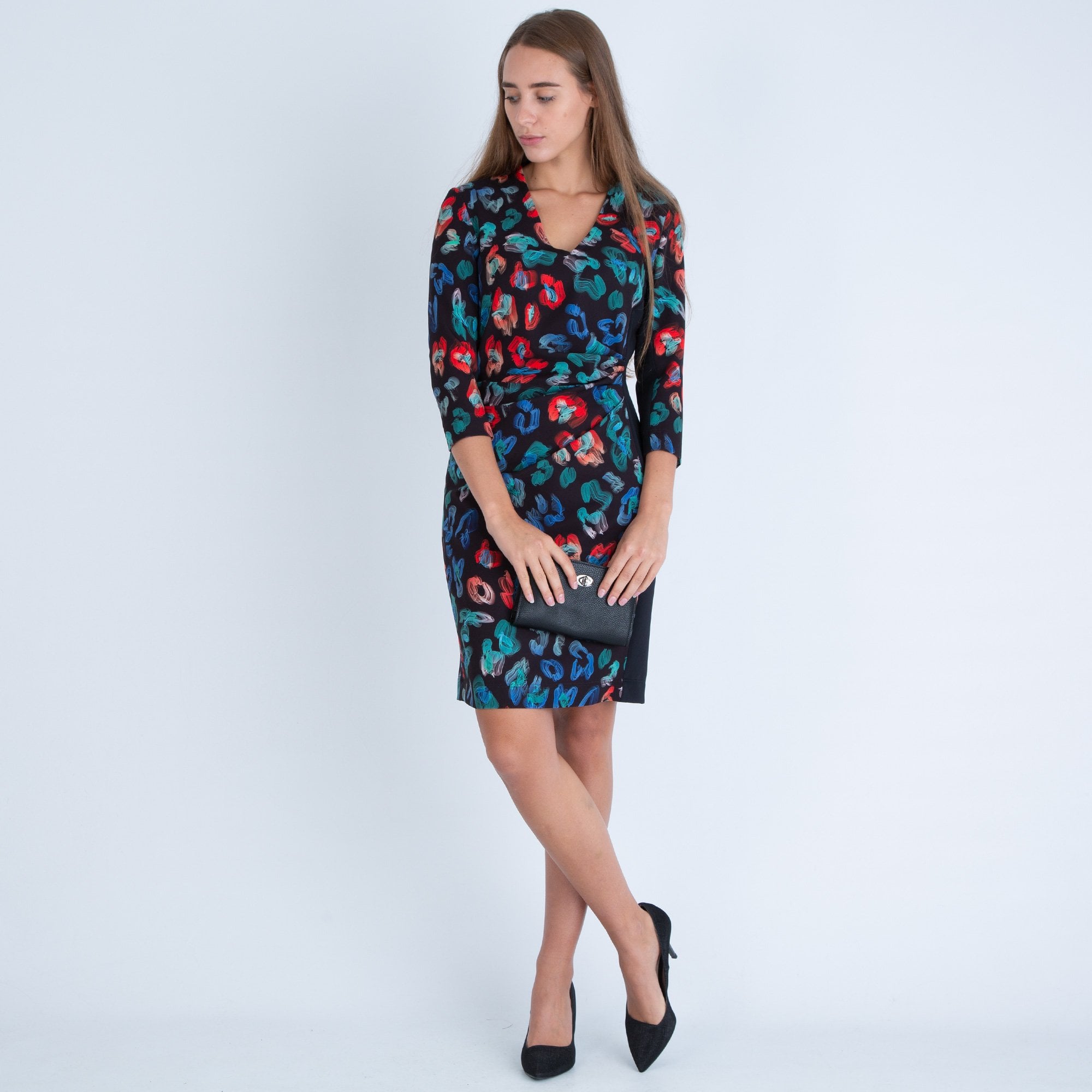 Riani Abstract Flower Print Side Ruched Dress Black Multi