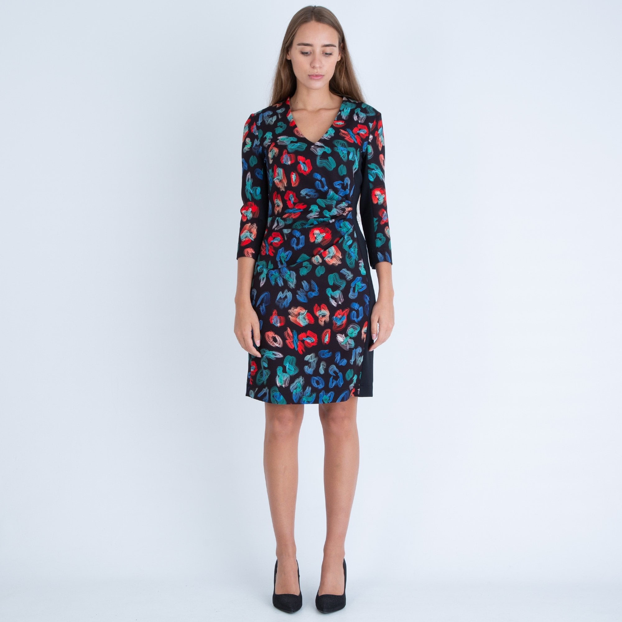Riani Abstract Flower Print Side Ruched Dress Black Multi