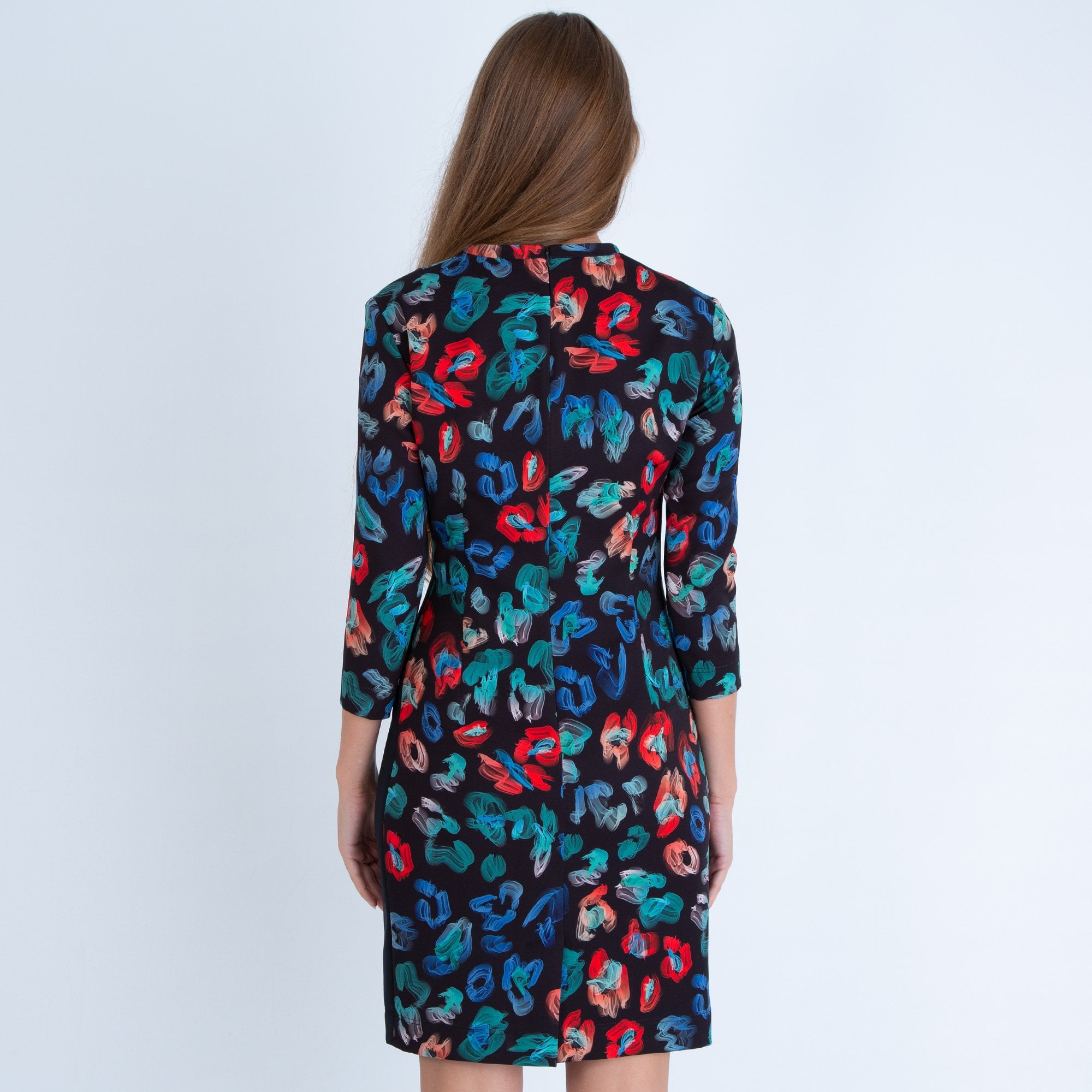 Riani Abstract Flower Print Side Ruched Dress Black Multi