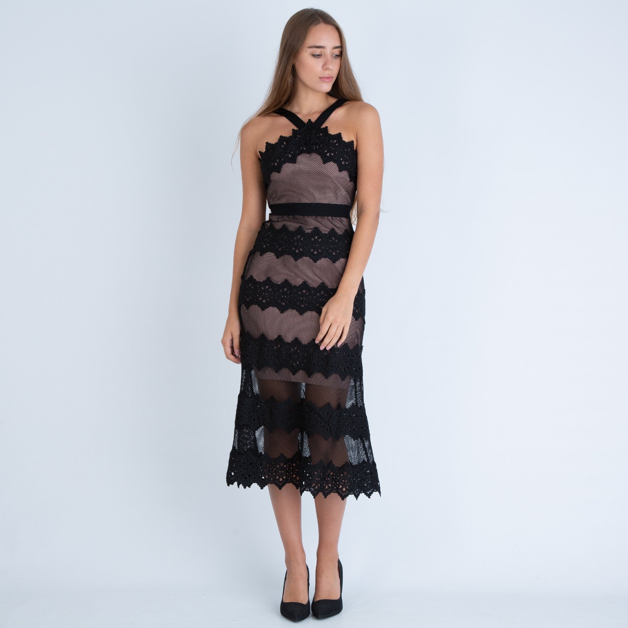 Forever Unique Lexie Halter Neck Lace Embroidered Midi Dress Black/Nude
