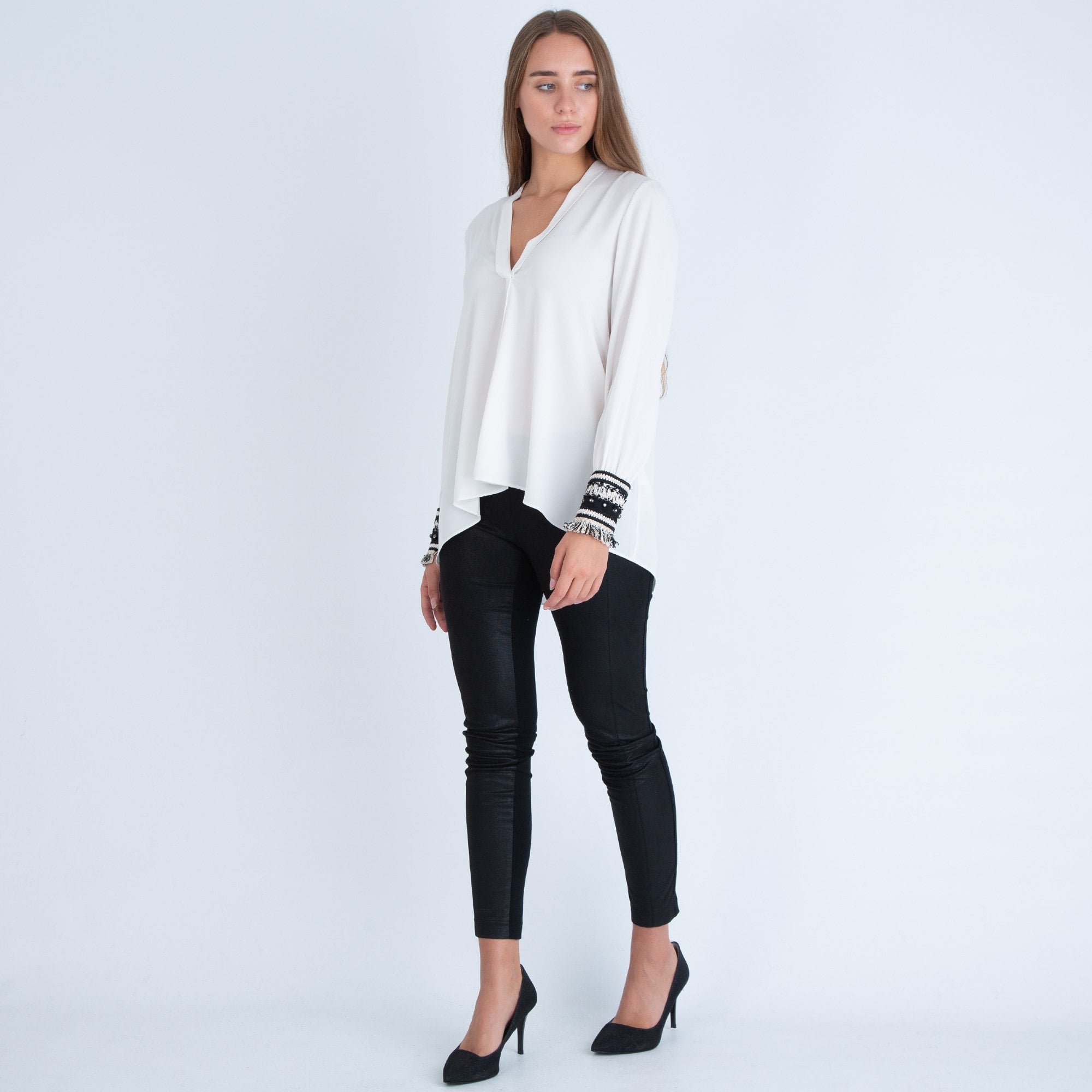 Forever Unique Carrie Blouse With Pleat Front And Braided Cuff Ivory