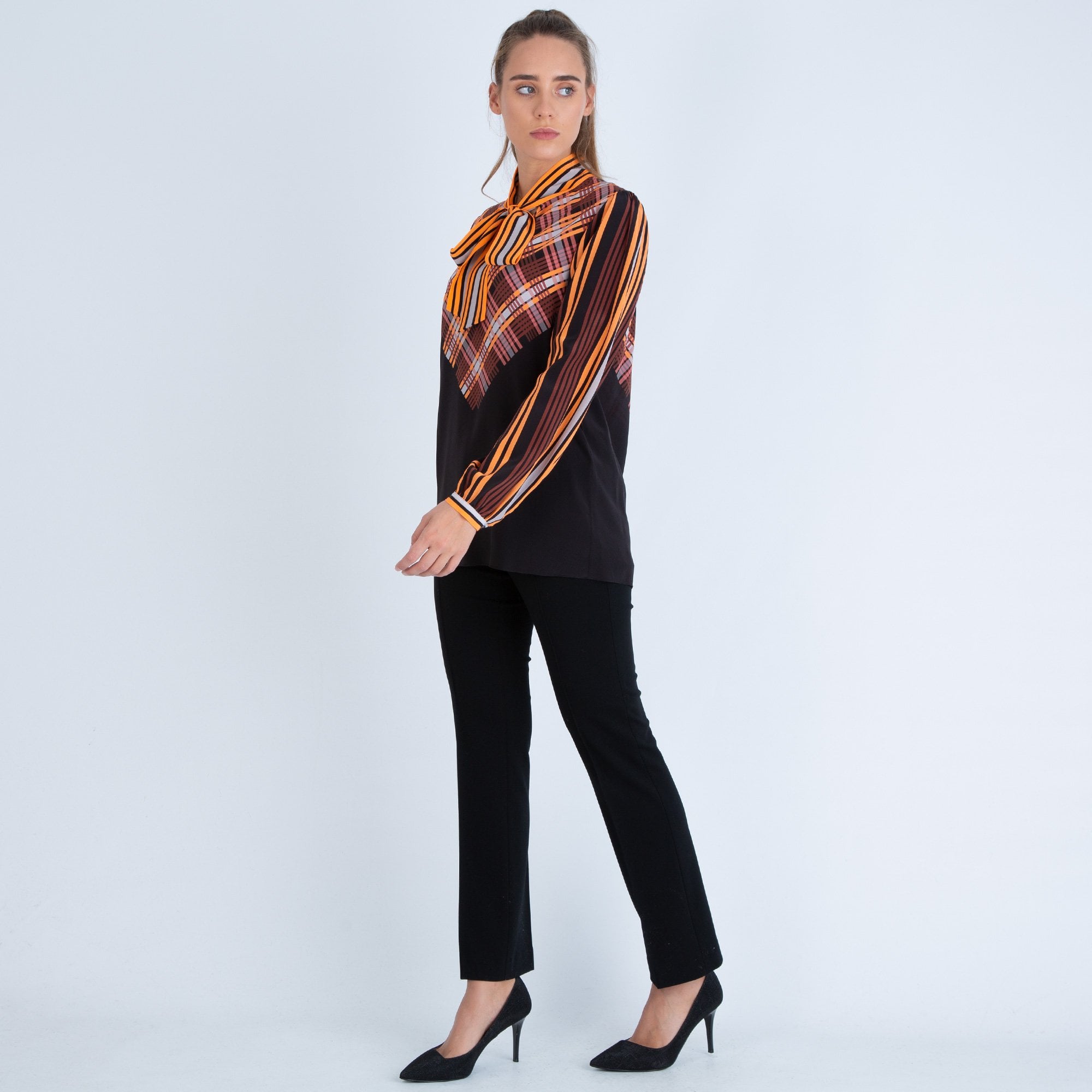 Marc Cain Check Pussybow Blouse Orange/Black