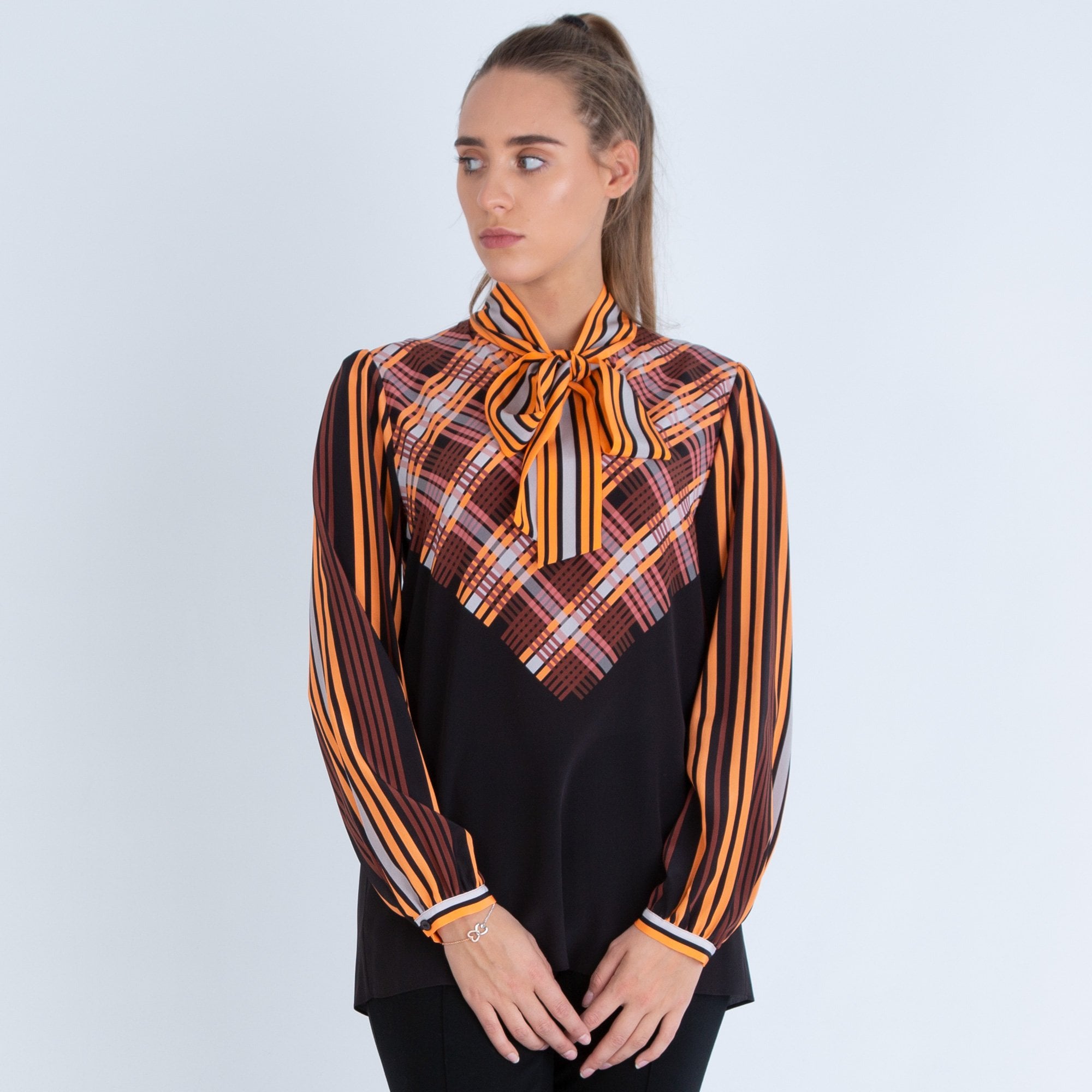 Marc Cain Check Pussybow Blouse Orange/Black