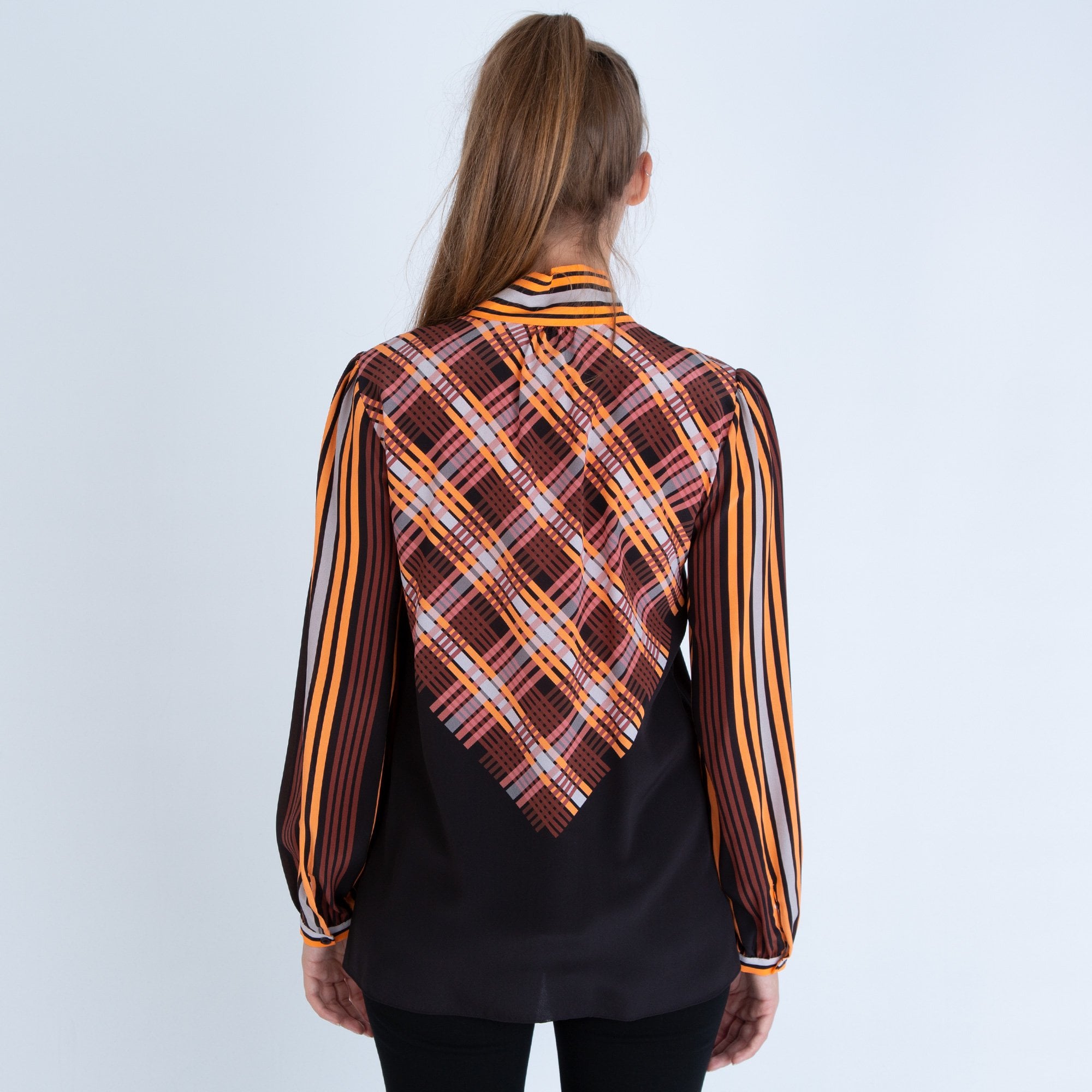 Marc Cain Check Pussybow Blouse Orange/Black