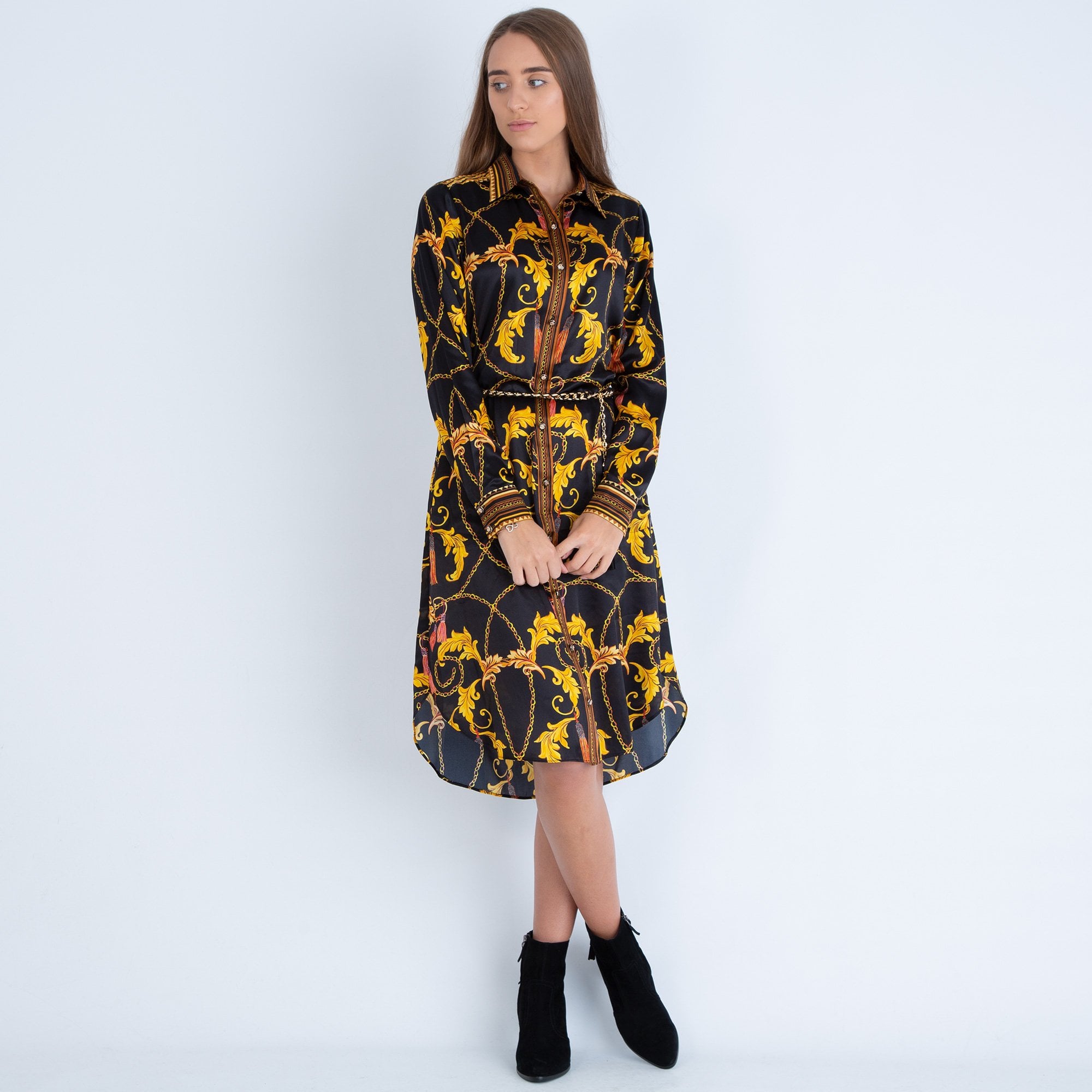 Hale Bob Chain And Feather Print Silk Shirt Dress Black/Gold