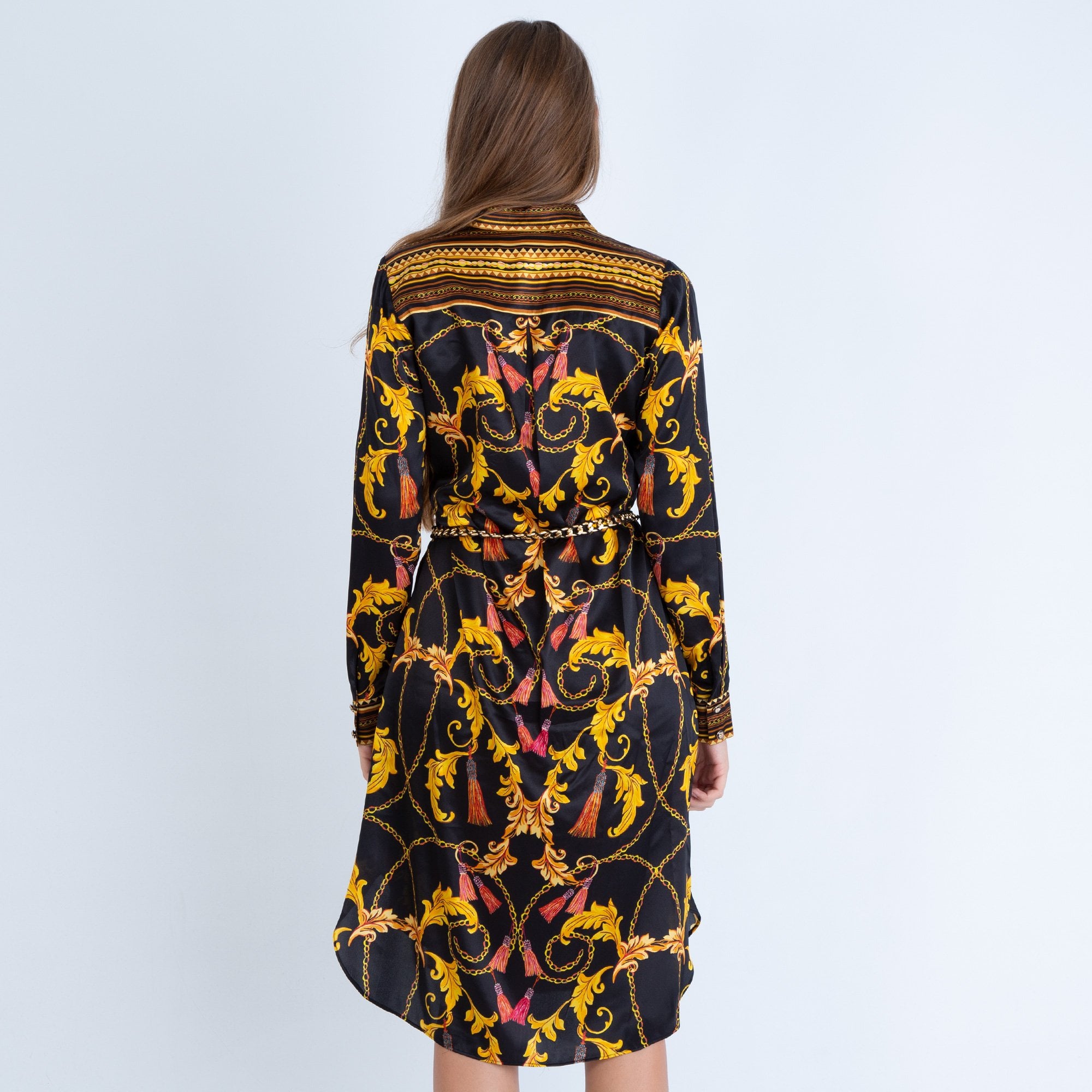 Hale Bob Chain And Feather Print Silk Shirt Dress Black/Gold