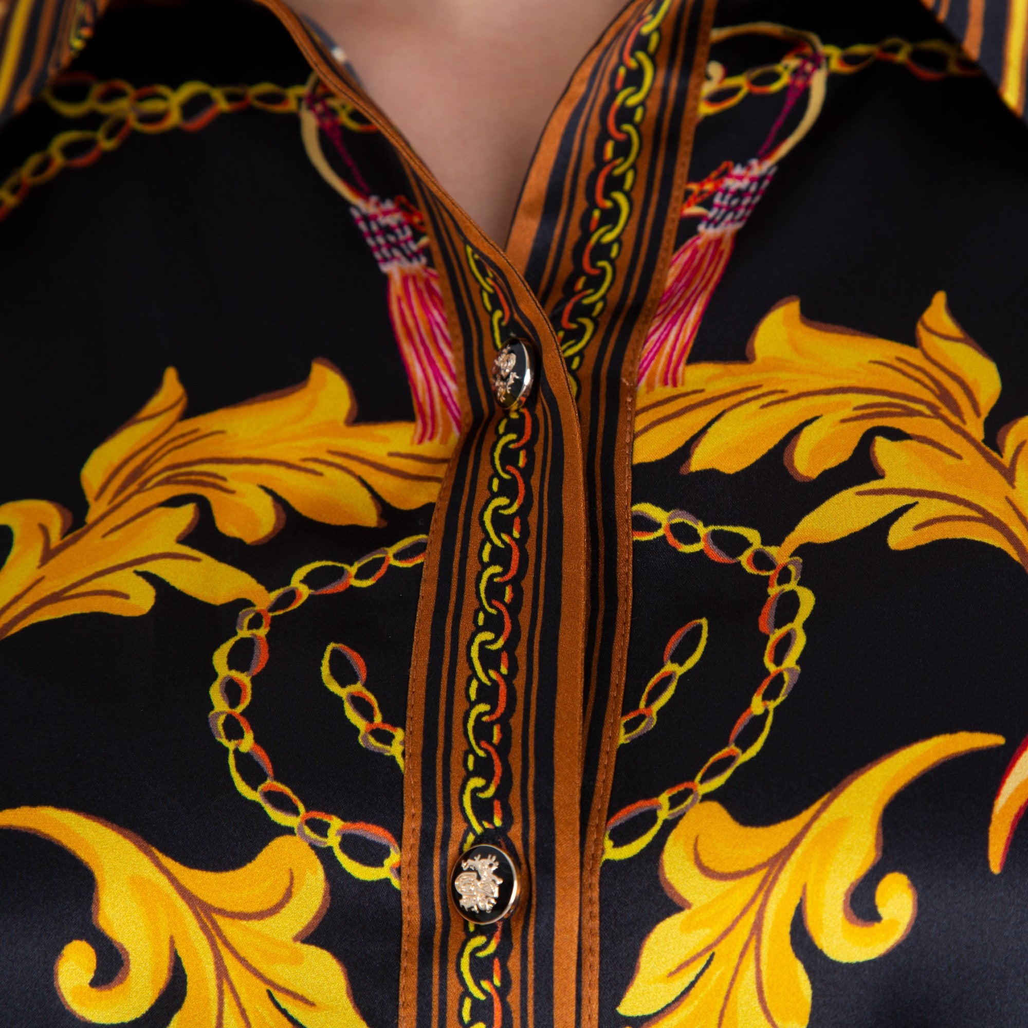 Hale Bob Chain And Feather Print Silk Shirt Dress Black/Gold