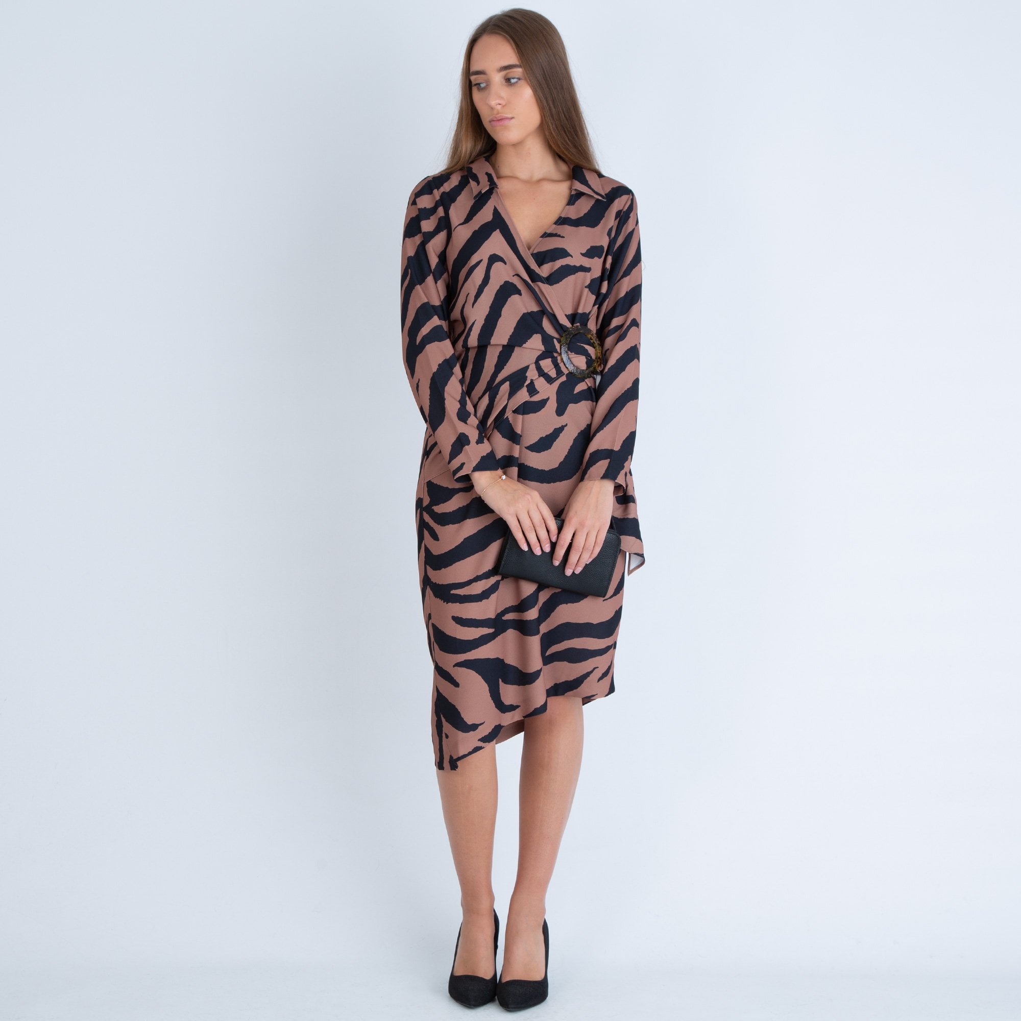 Forever Unique Zayda Zebra Print Midi Wrap Dress Camel/Black