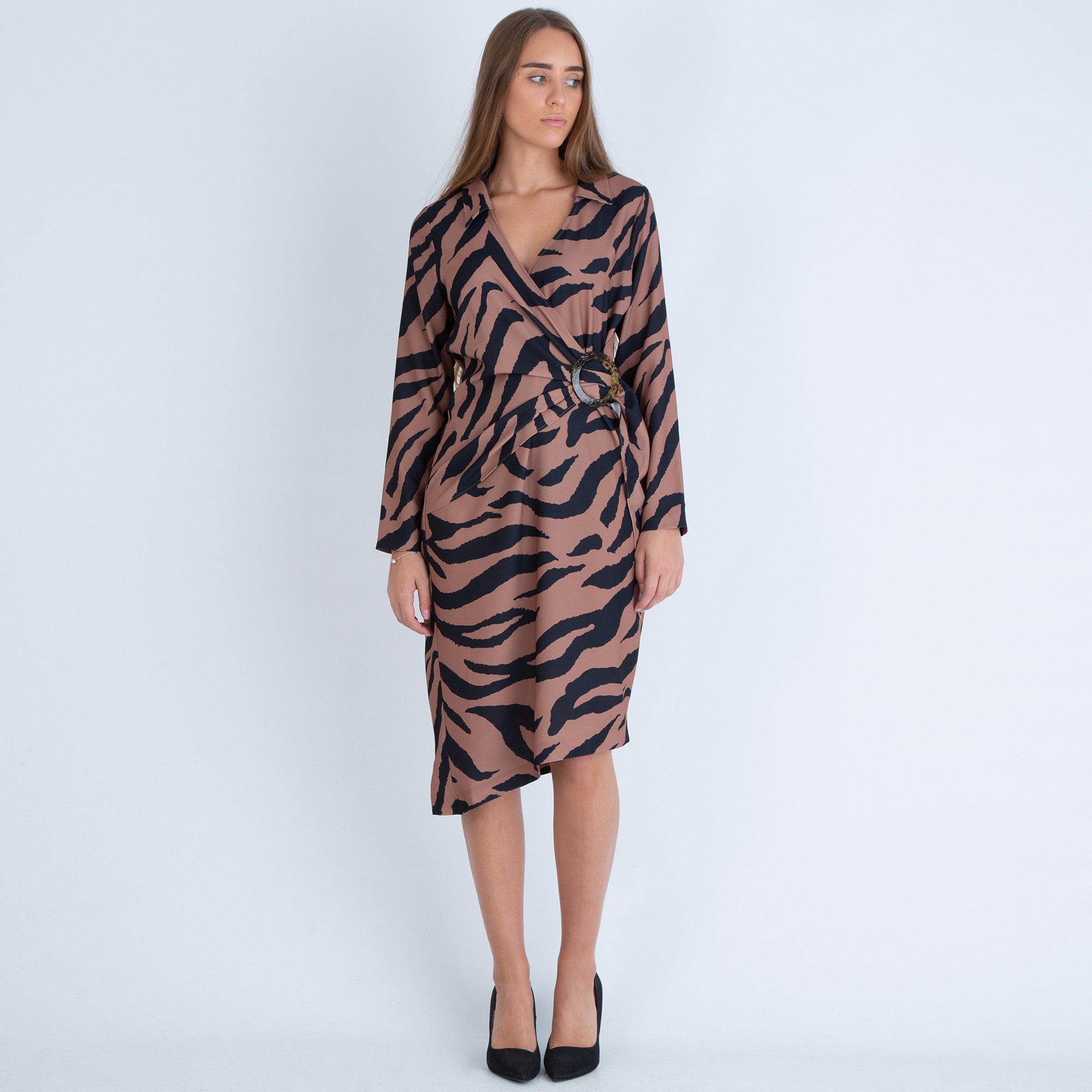 Forever Unique Zayda Zebra Print Midi Wrap Dress Camel/Black