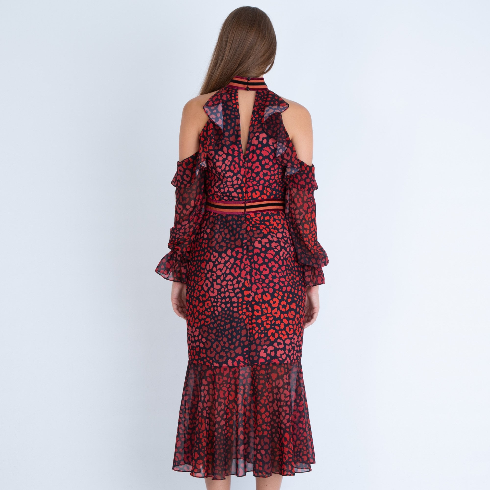 Forever Unique Roxanna Leopard Print Cold Shoulder Midi Dress Red