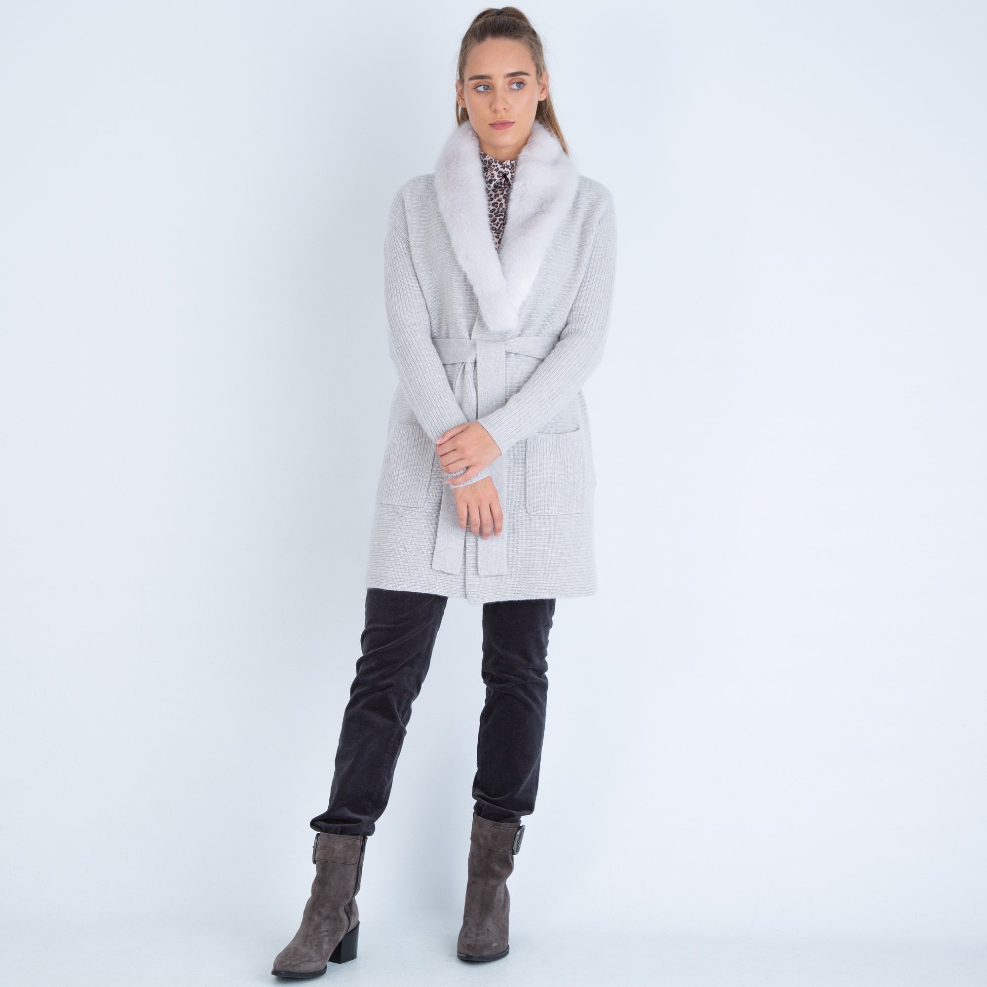 Marc Cain Ribbed Long Cardy With Fur Collar Grey