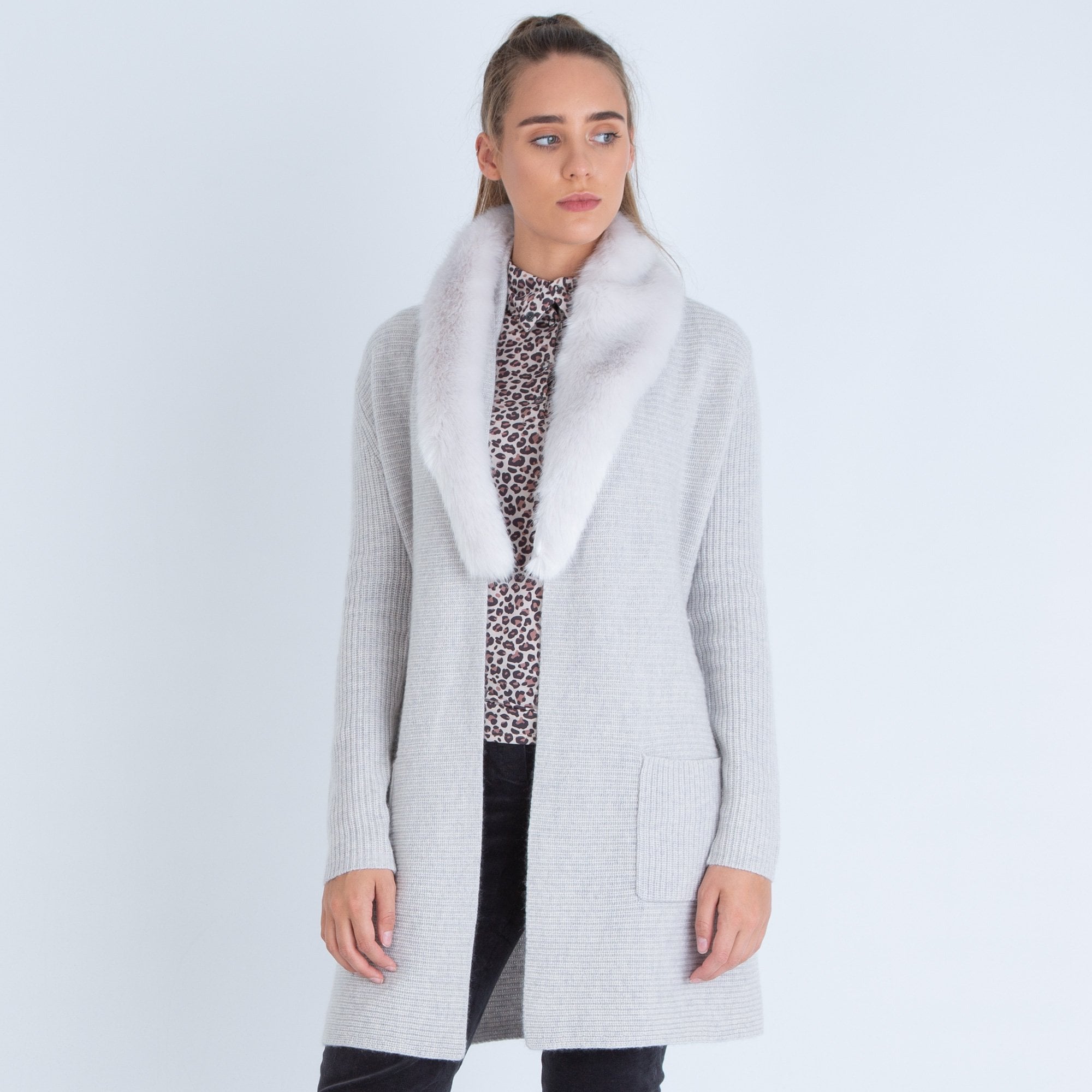 Marc Cain Ribbed Long Cardy With Fur Collar Grey
